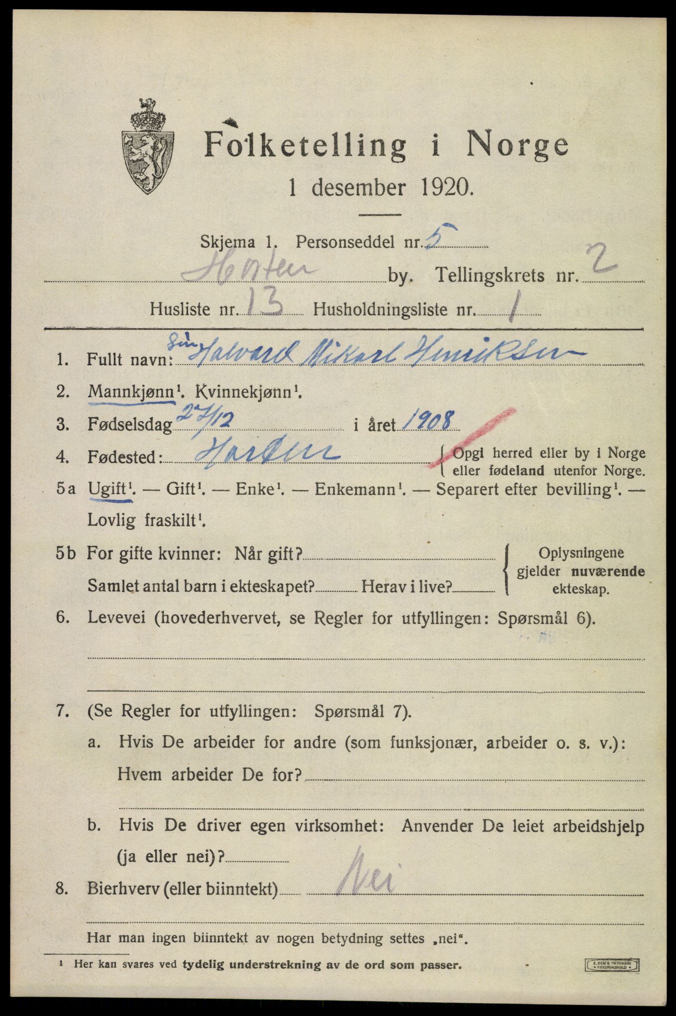 SAKO, 1920 census for Horten, 1920, p. 10365