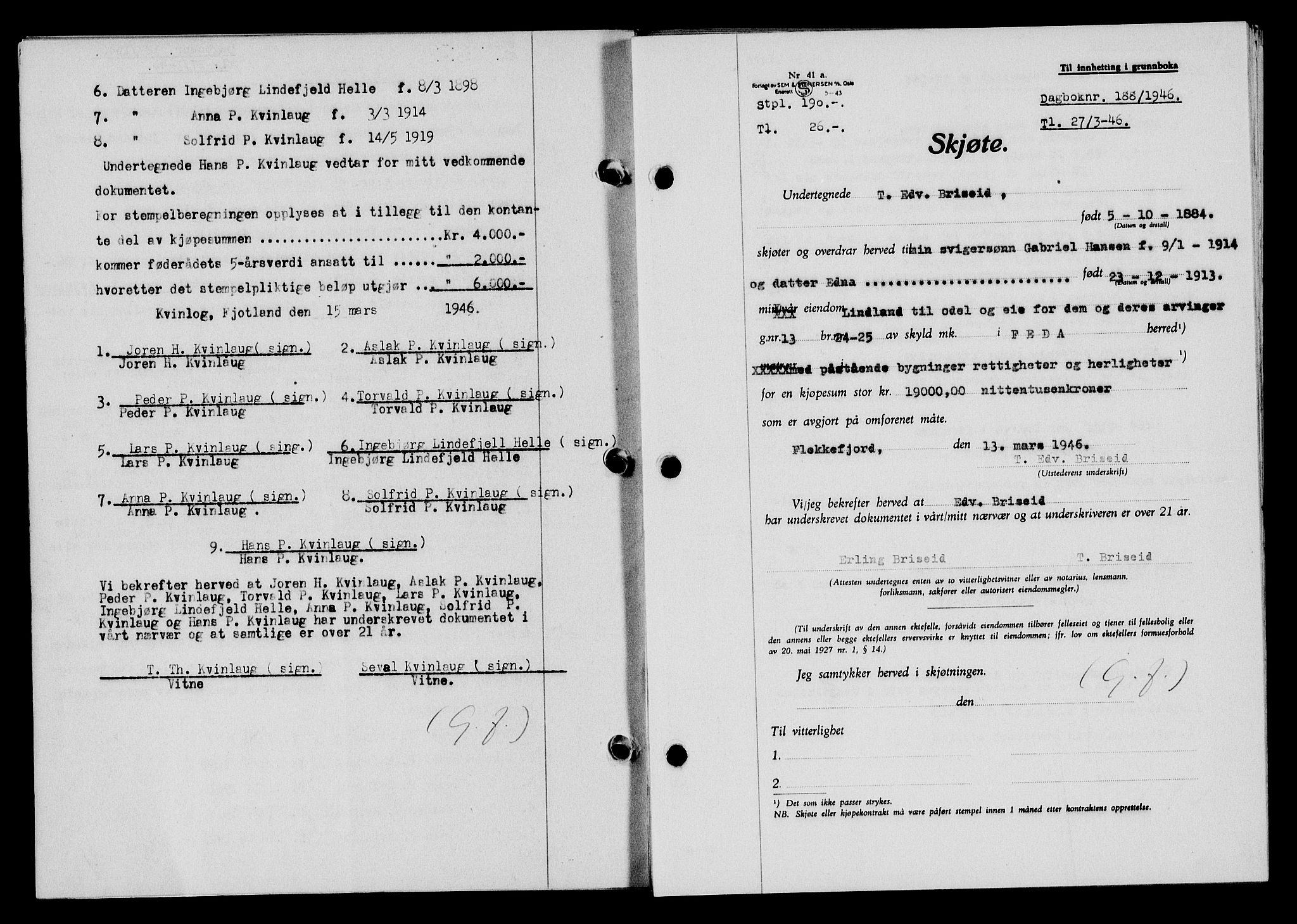 Flekkefjord sorenskriveri, SAK/1221-0001/G/Gb/Gba/L0060: Mortgage book no. A-8, 1945-1946, Diary no: : 188/1946