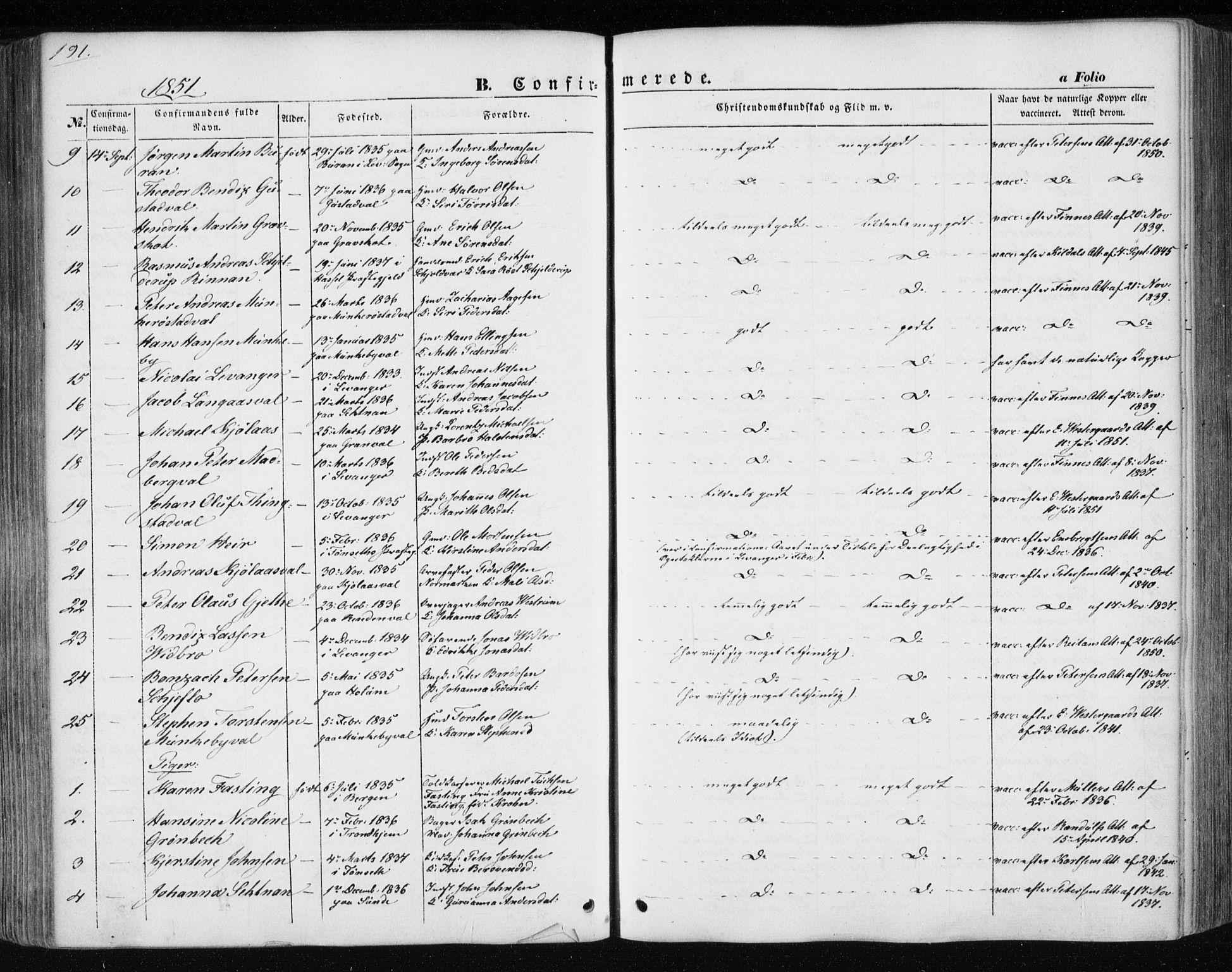 Ministerialprotokoller, klokkerbøker og fødselsregistre - Nord-Trøndelag, SAT/A-1458/717/L0154: Parish register (official) no. 717A07 /1, 1850-1862, p. 191