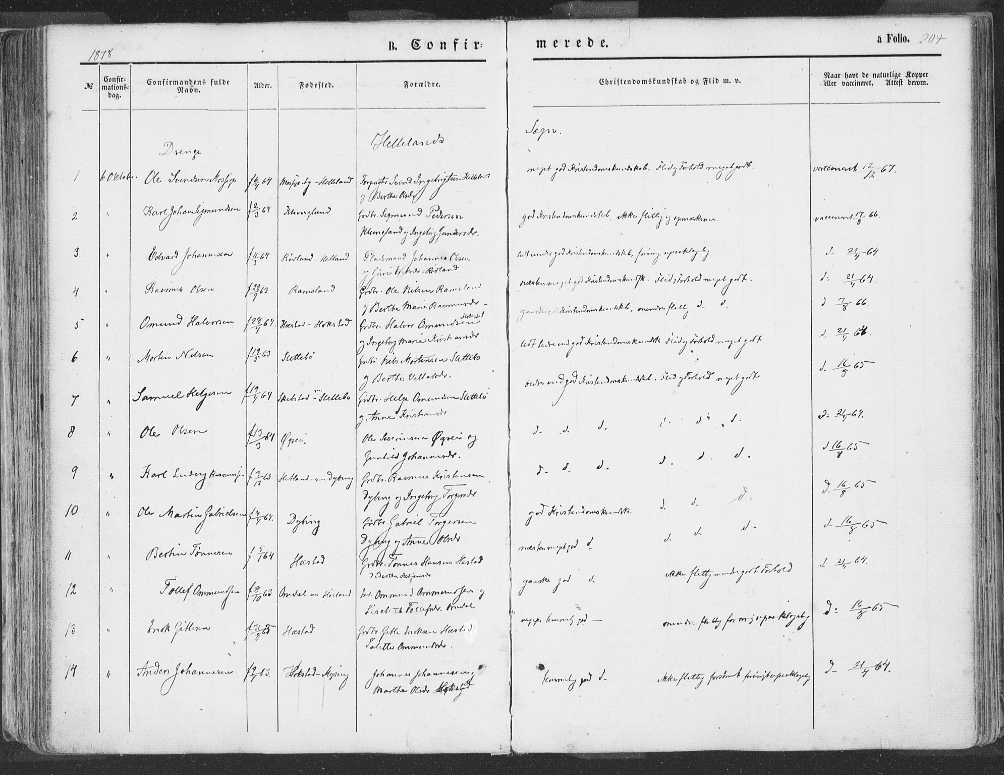 Helleland sokneprestkontor, SAST/A-101810: Parish register (official) no. A 7.1, 1863-1886, p. 204
