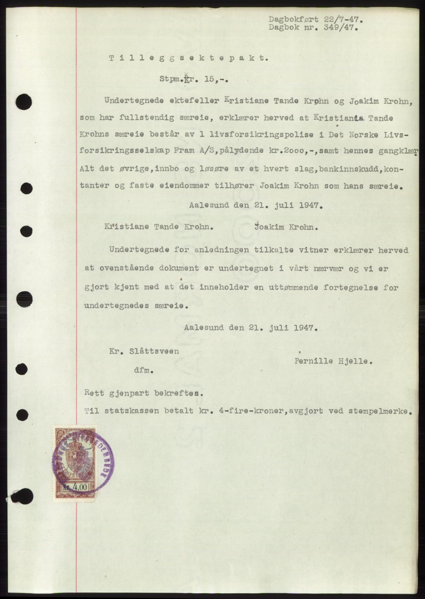Ålesund byfogd, AV/SAT-A-4384: Mortgage book no. B34-35 b, 1946-1947, Diary no: : 349/1947