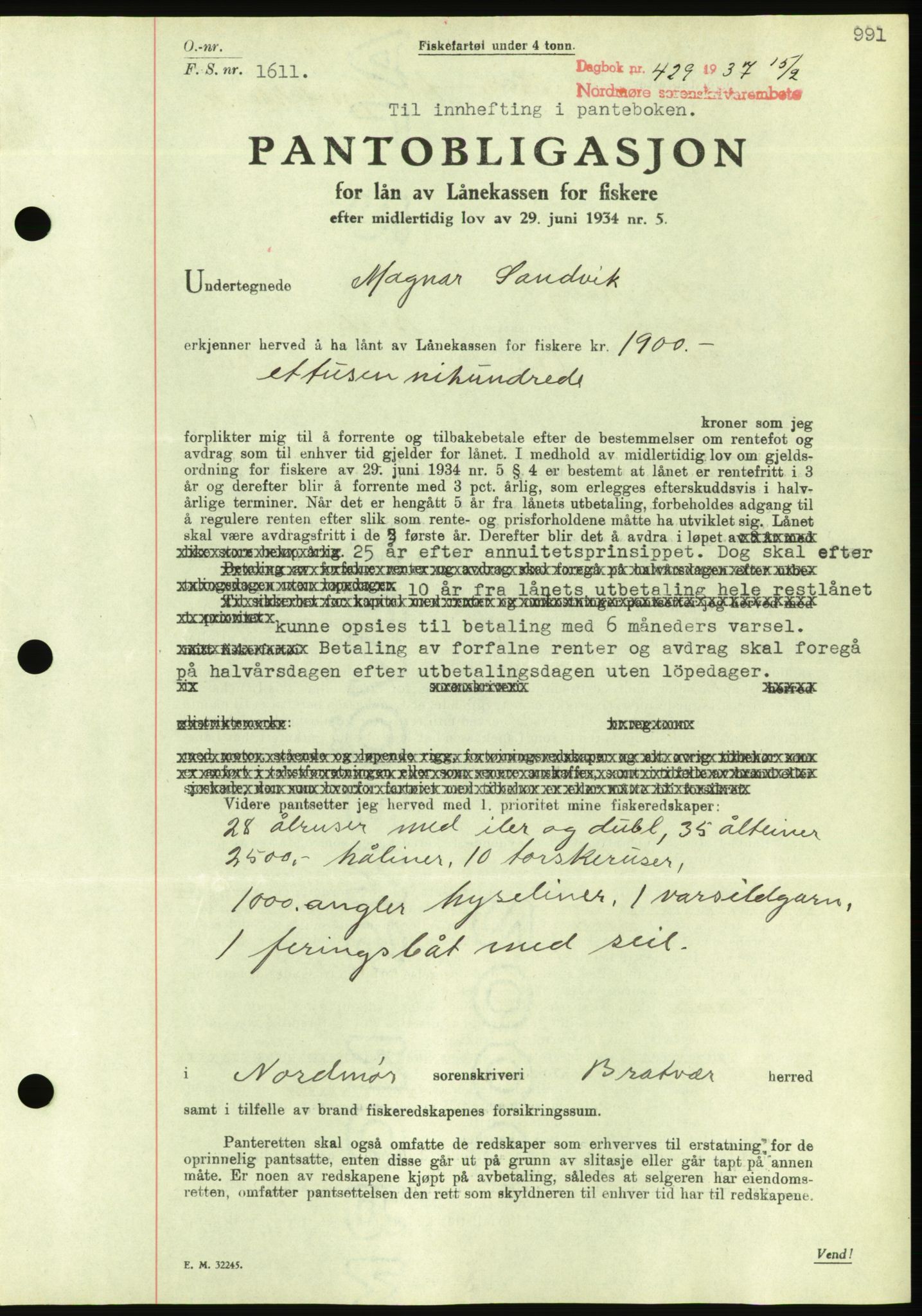 Nordmøre sorenskriveri, AV/SAT-A-4132/1/2/2Ca/L0090: Mortgage book no. B80, 1936-1937, Diary no: : 429/1937