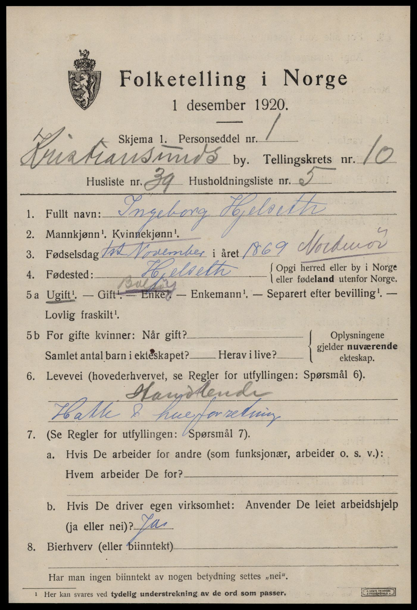 SAT, 1920 census for Kristiansund, 1920, p. 23853