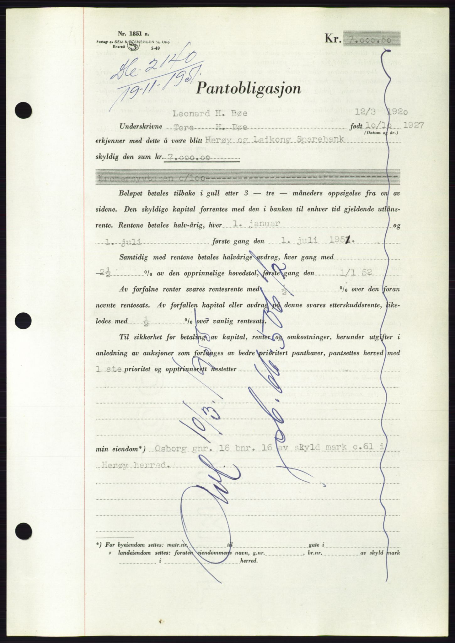 Søre Sunnmøre sorenskriveri, AV/SAT-A-4122/1/2/2C/L0120: Mortgage book no. 8B, 1951-1951, Diary no: : 2140/1951