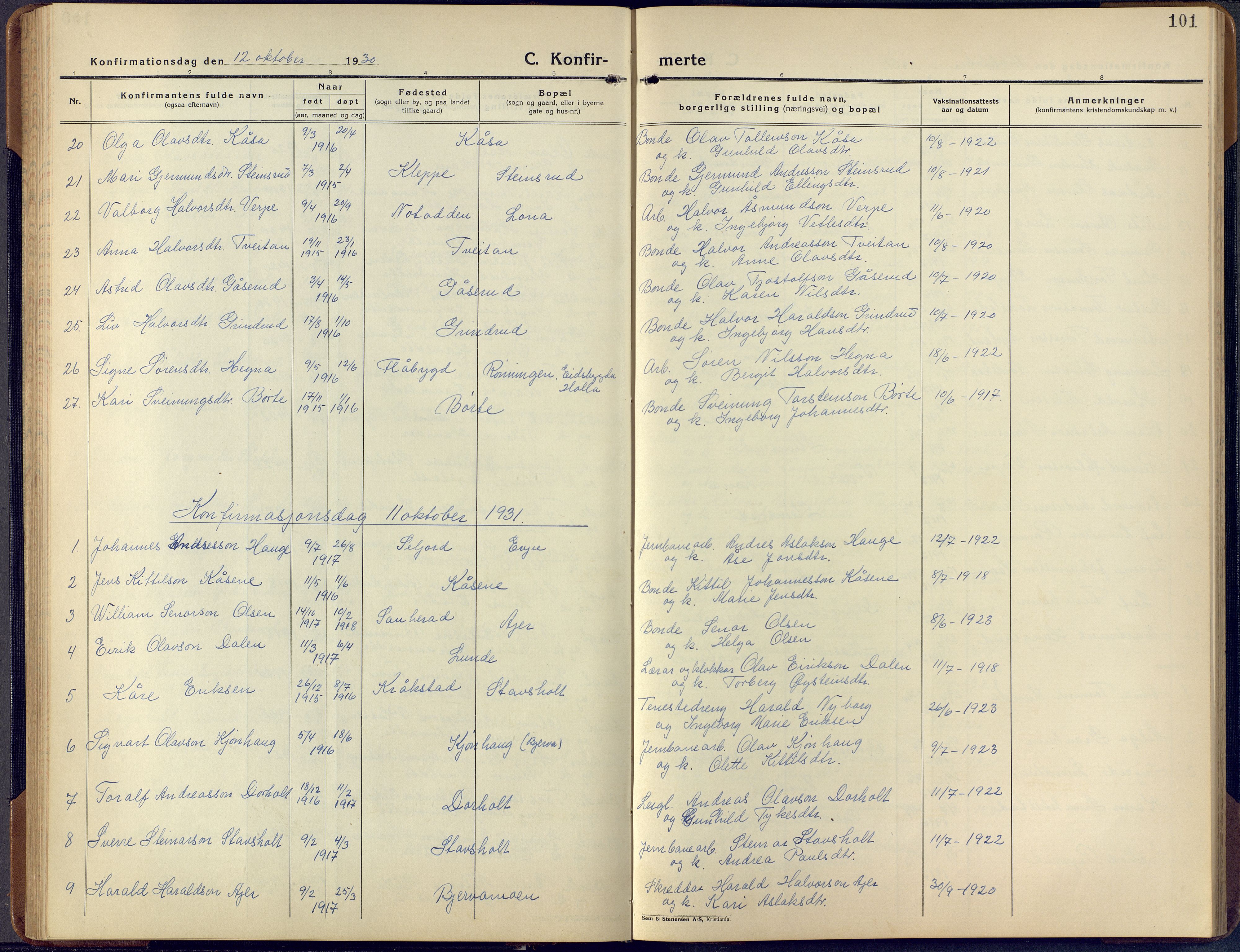 Lunde kirkebøker, SAKO/A-282/F/Fa/L0006: Parish register (official) no. I 6, 1922-1940, p. 101