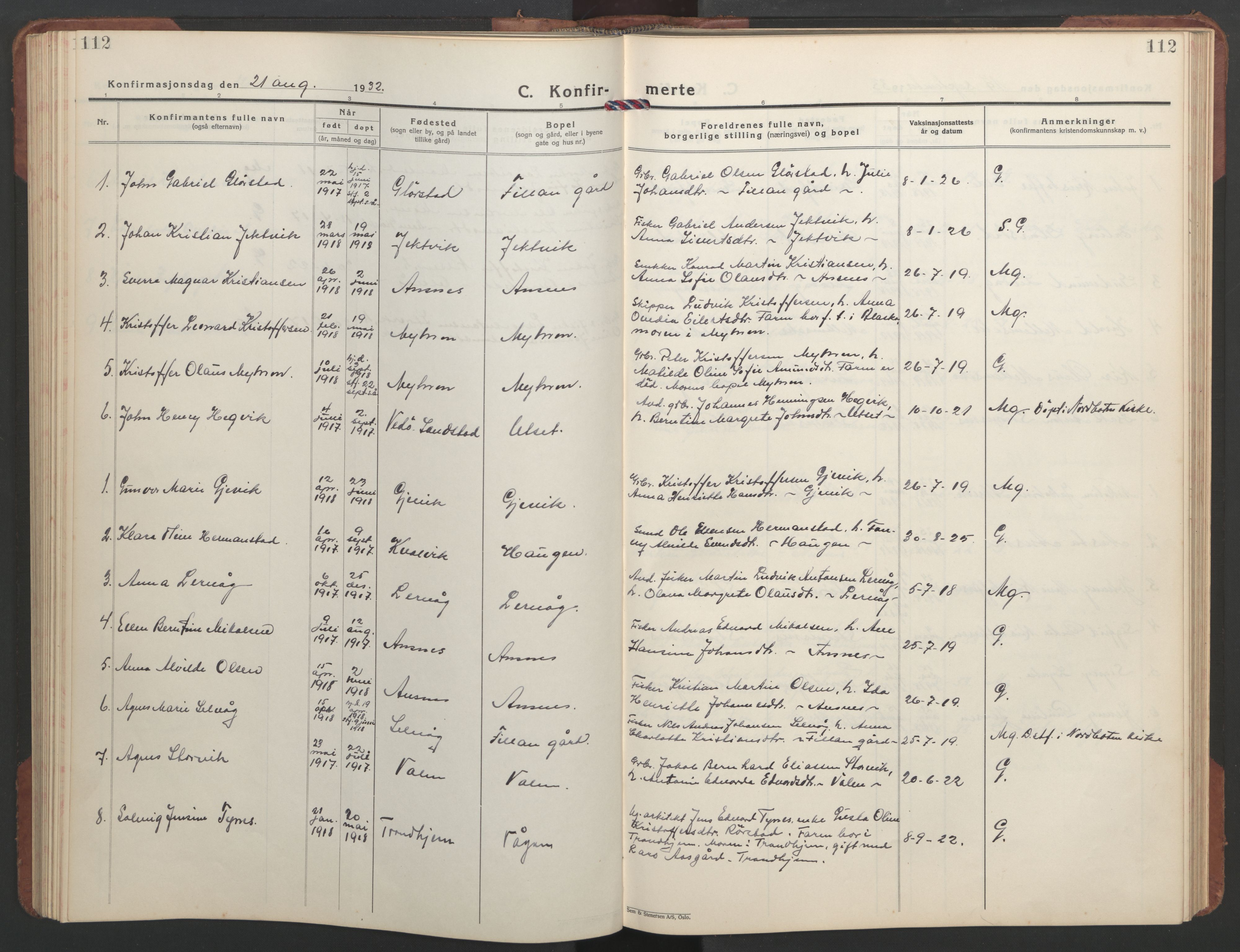 Ministerialprotokoller, klokkerbøker og fødselsregistre - Sør-Trøndelag, SAT/A-1456/637/L0564: Parish register (copy) no. 637C05, 1928-1968, p. 112