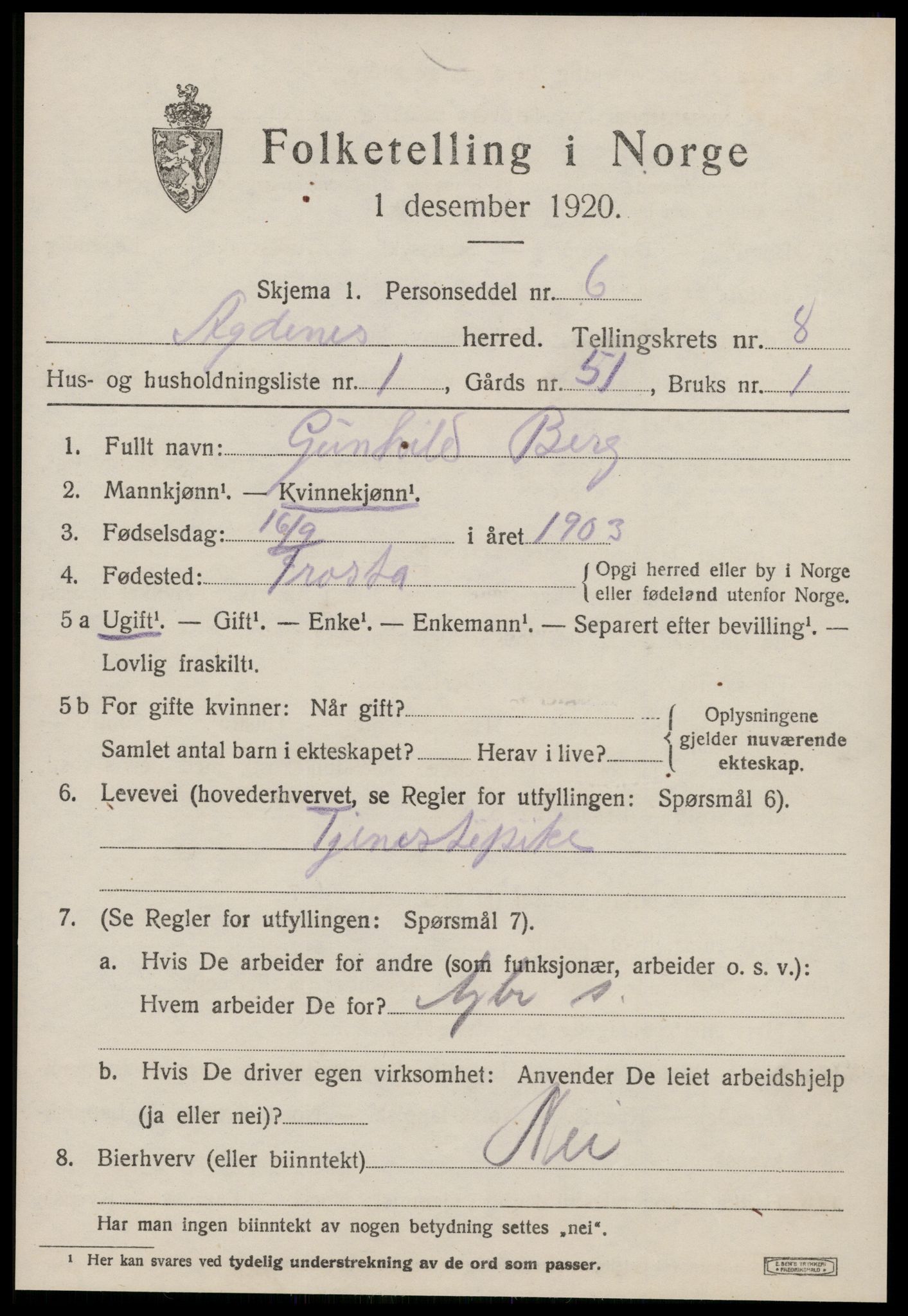 SAT, 1920 census for Agdenes, 1920, p. 2905