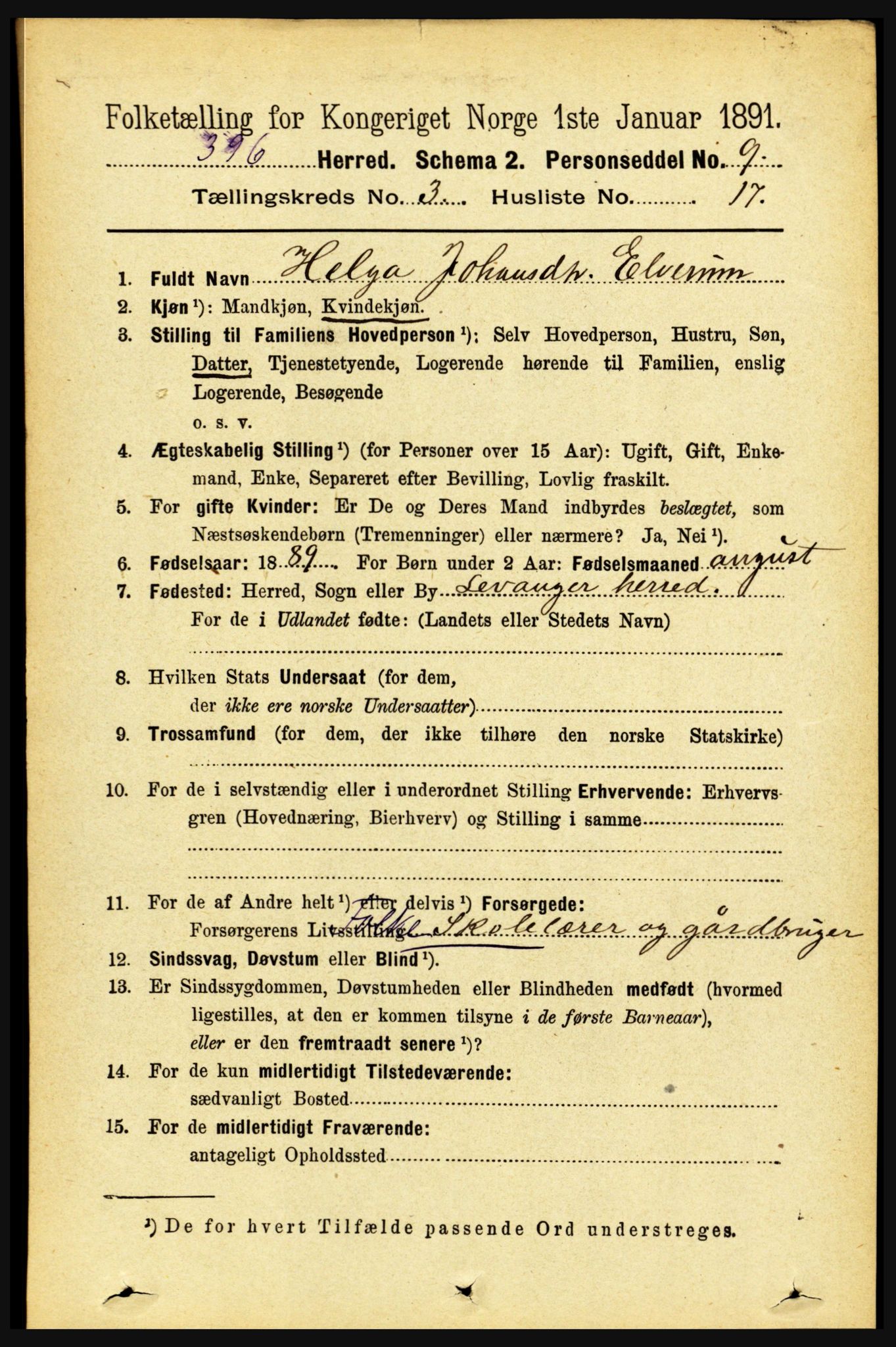 RA, 1891 census for 1720 Levanger, 1891, p. 1705