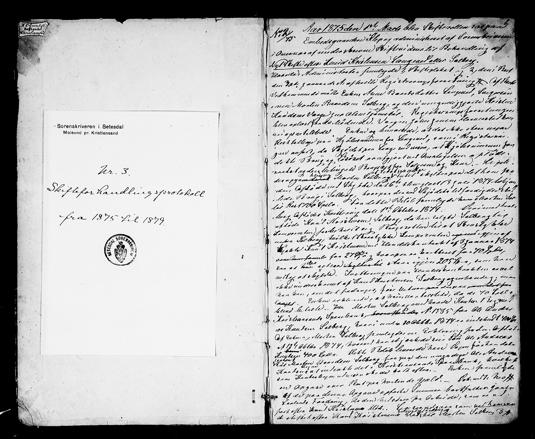 Setesdal sorenskriveri, SAK/1221-0011/H/Hc/L0031: Skifteforhandlingsprotokoll nr 3, inneholder også forhør og ekstrarettssaker, 1875-1879, p. 0b-1a