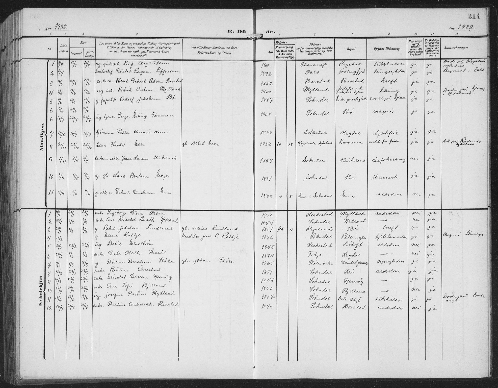 Sokndal sokneprestkontor, AV/SAST-A-101808: Parish register (copy) no. B 8, 1908-1934, p. 314