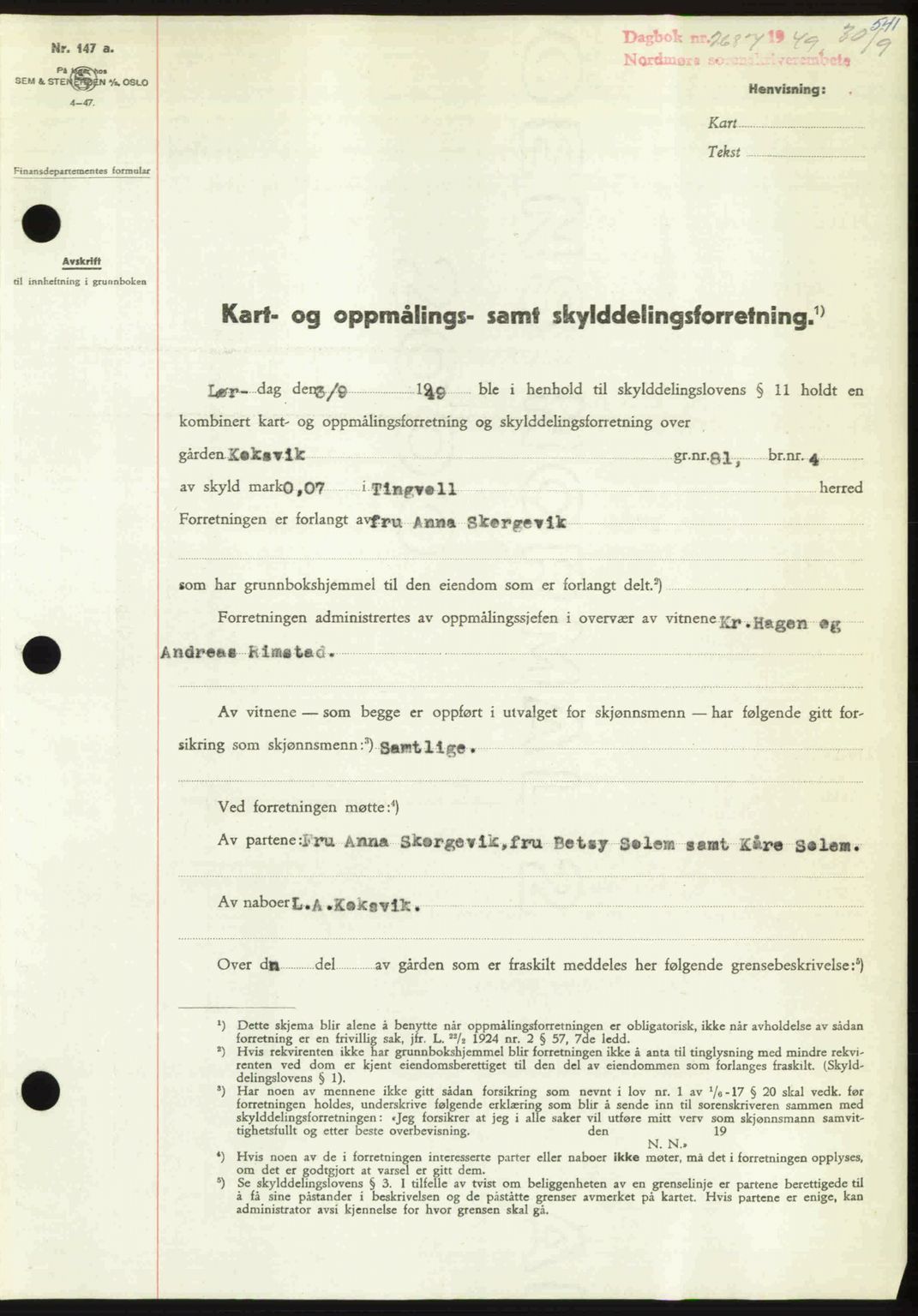 Nordmøre sorenskriveri, AV/SAT-A-4132/1/2/2Ca: Mortgage book no. A112, 1949-1949, Diary no: : 2687/1949