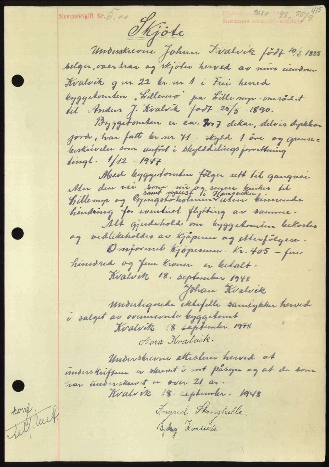 Nordmøre sorenskriveri, AV/SAT-A-4132/1/2/2Ca: Mortgage book no. A109, 1948-1948, Diary no: : 2680/1948