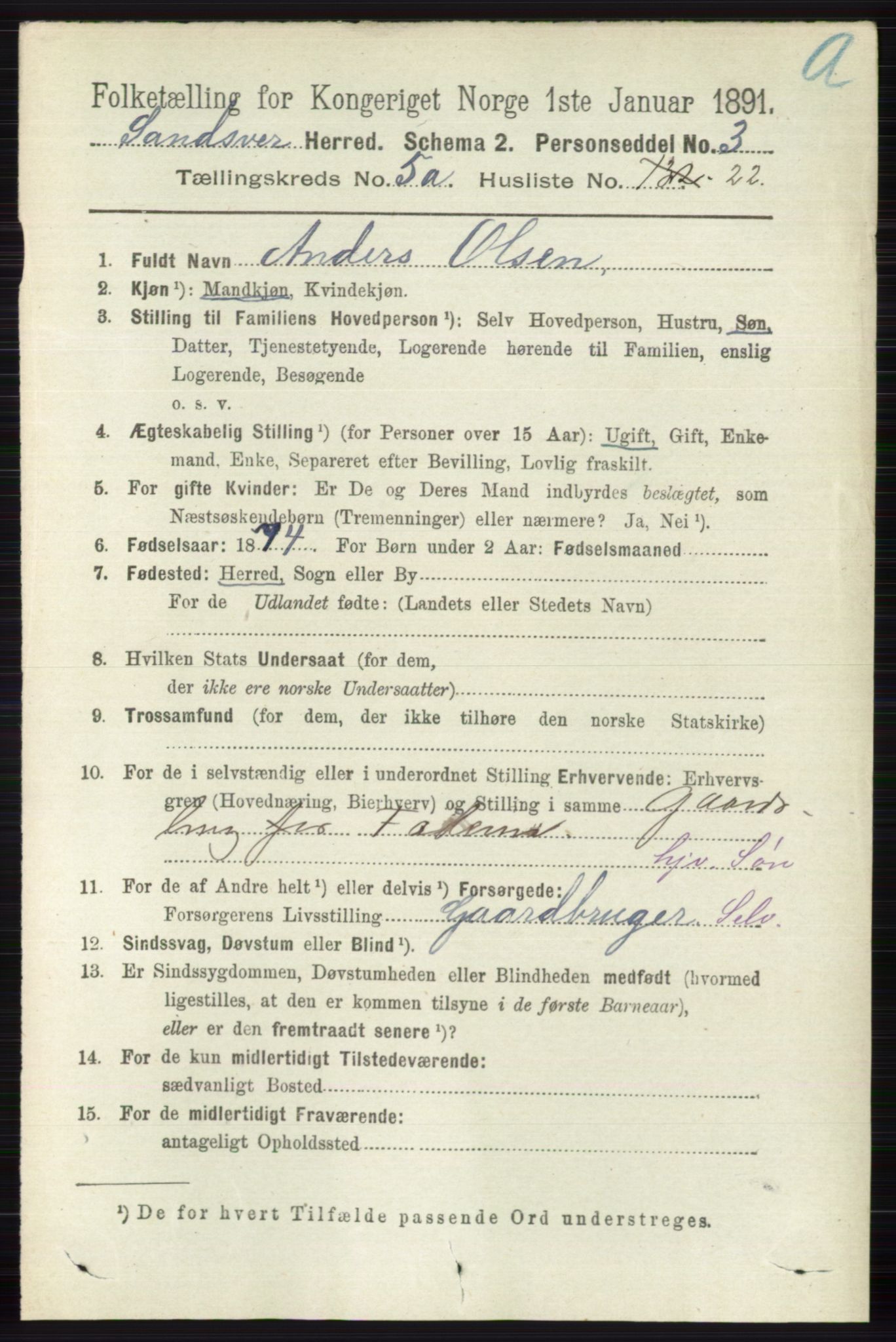 RA, 1891 census for 0629 Sandsvær, 1891, p. 2605