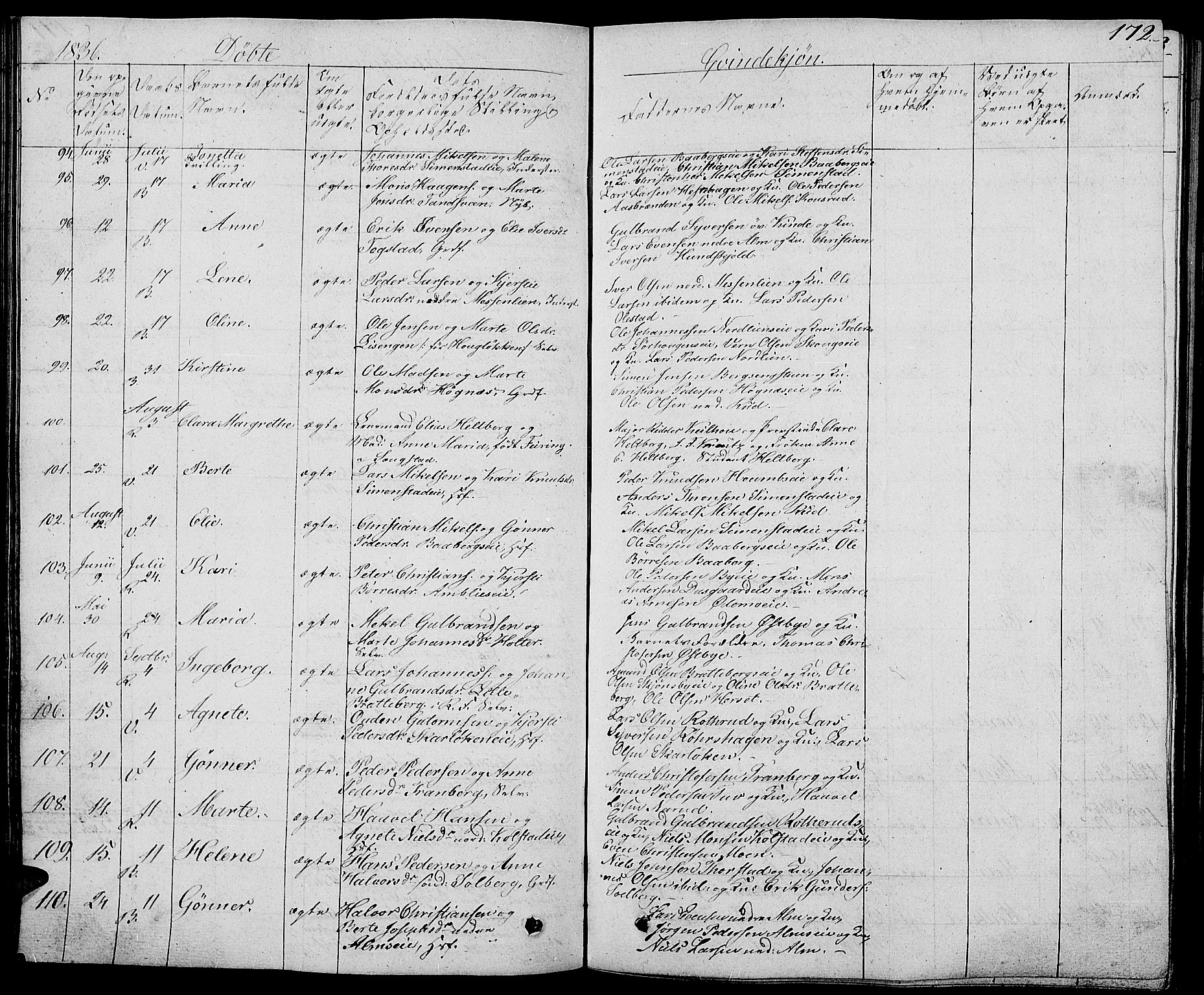 Ringsaker prestekontor, AV/SAH-PREST-014/L/La/L0004: Parish register (copy) no. 4, 1827-1838, p. 172