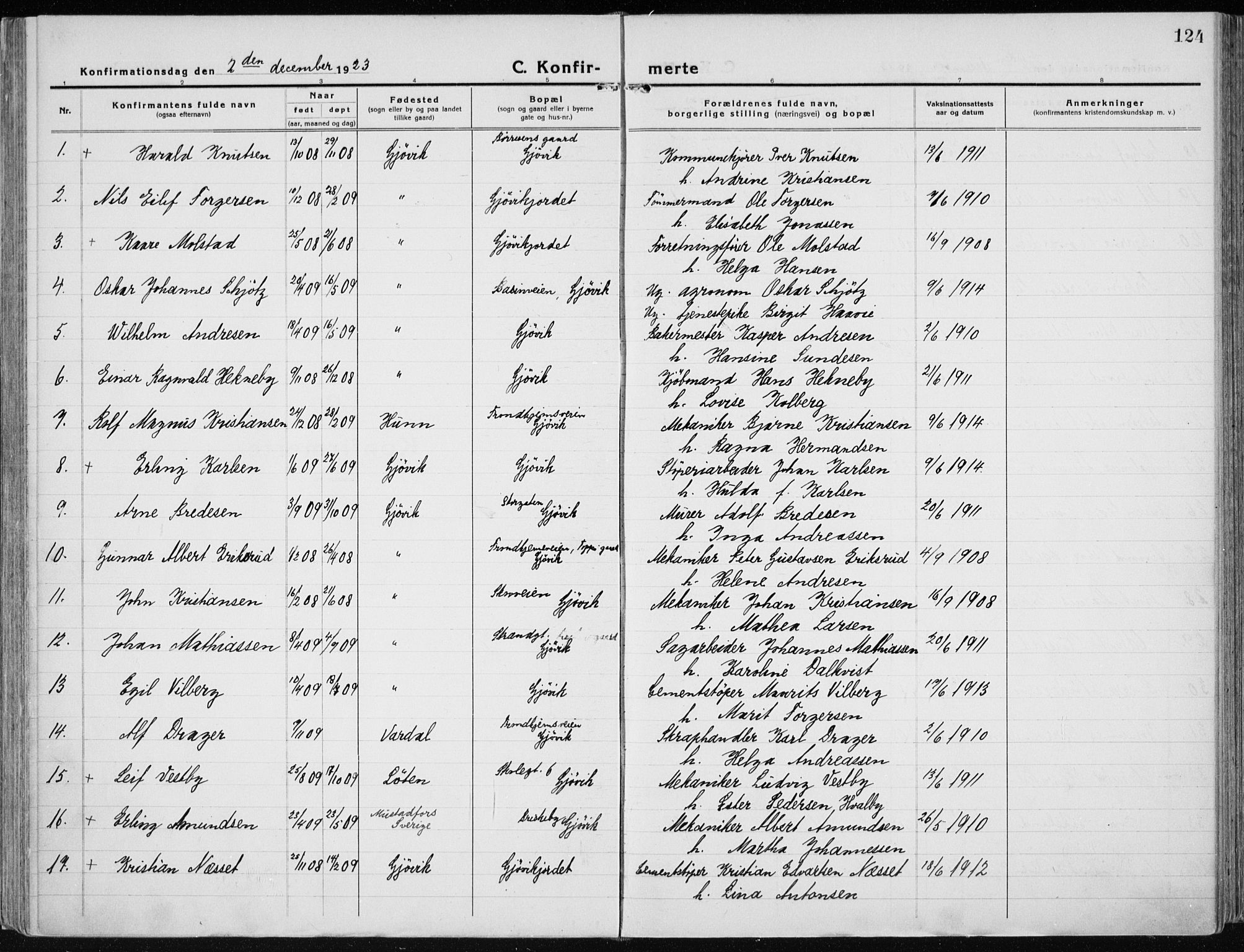Vardal prestekontor, SAH/PREST-100/H/Ha/Haa/L0015: Parish register (official) no. 15, 1923-1937, p. 124