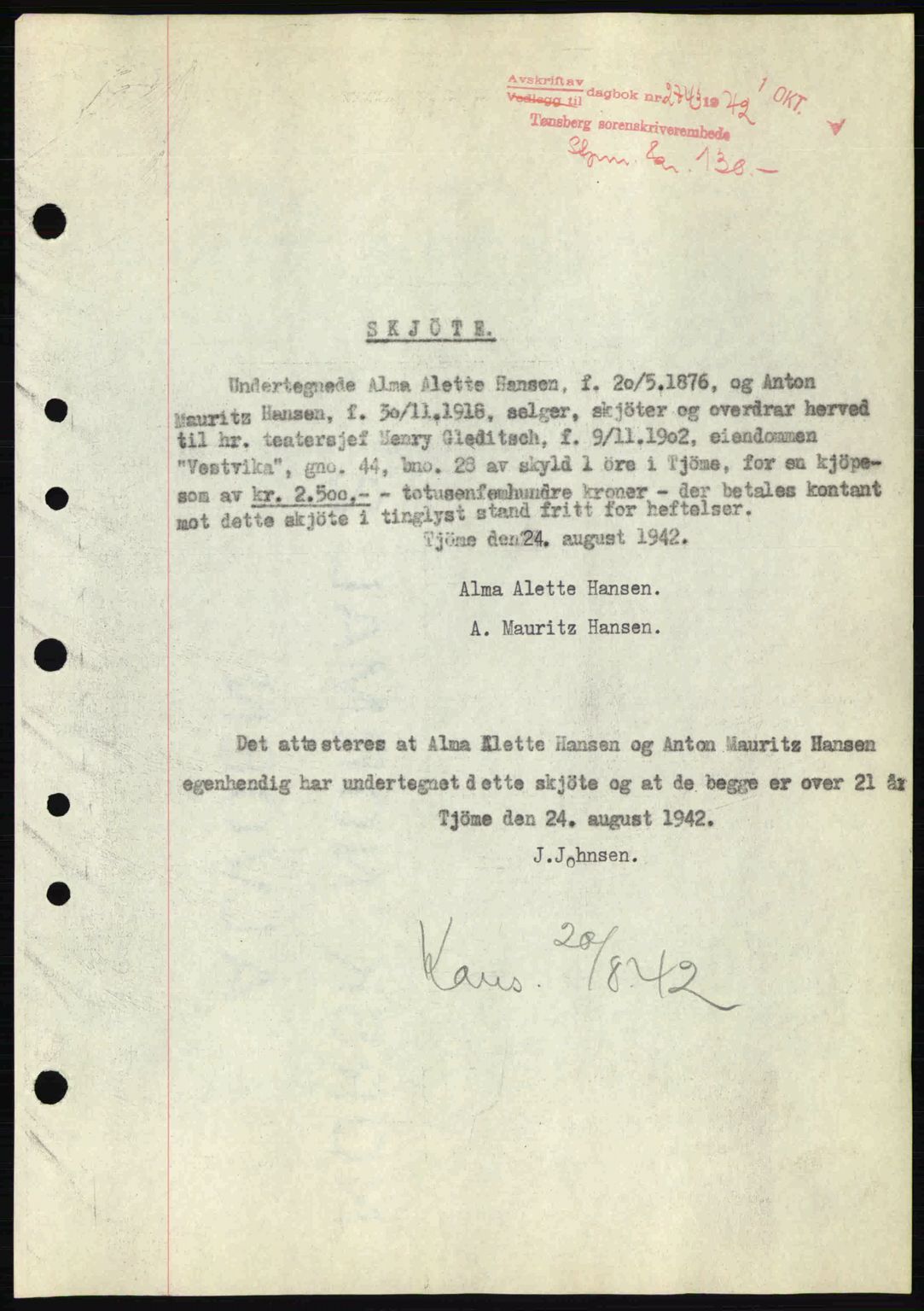 Tønsberg sorenskriveri, AV/SAKO-A-130/G/Ga/Gaa/L0012: Mortgage book no. A12, 1942-1943, Diary no: : 2743/1942