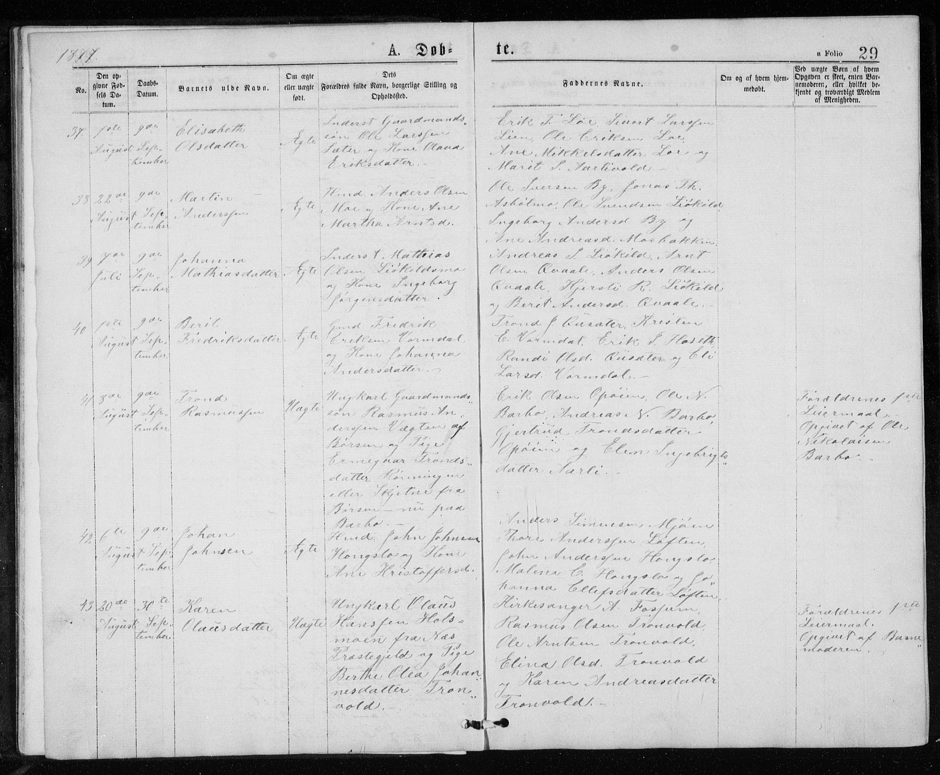 Ministerialprotokoller, klokkerbøker og fødselsregistre - Sør-Trøndelag, AV/SAT-A-1456/671/L0843: Parish register (copy) no. 671C02, 1873-1892, p. 29