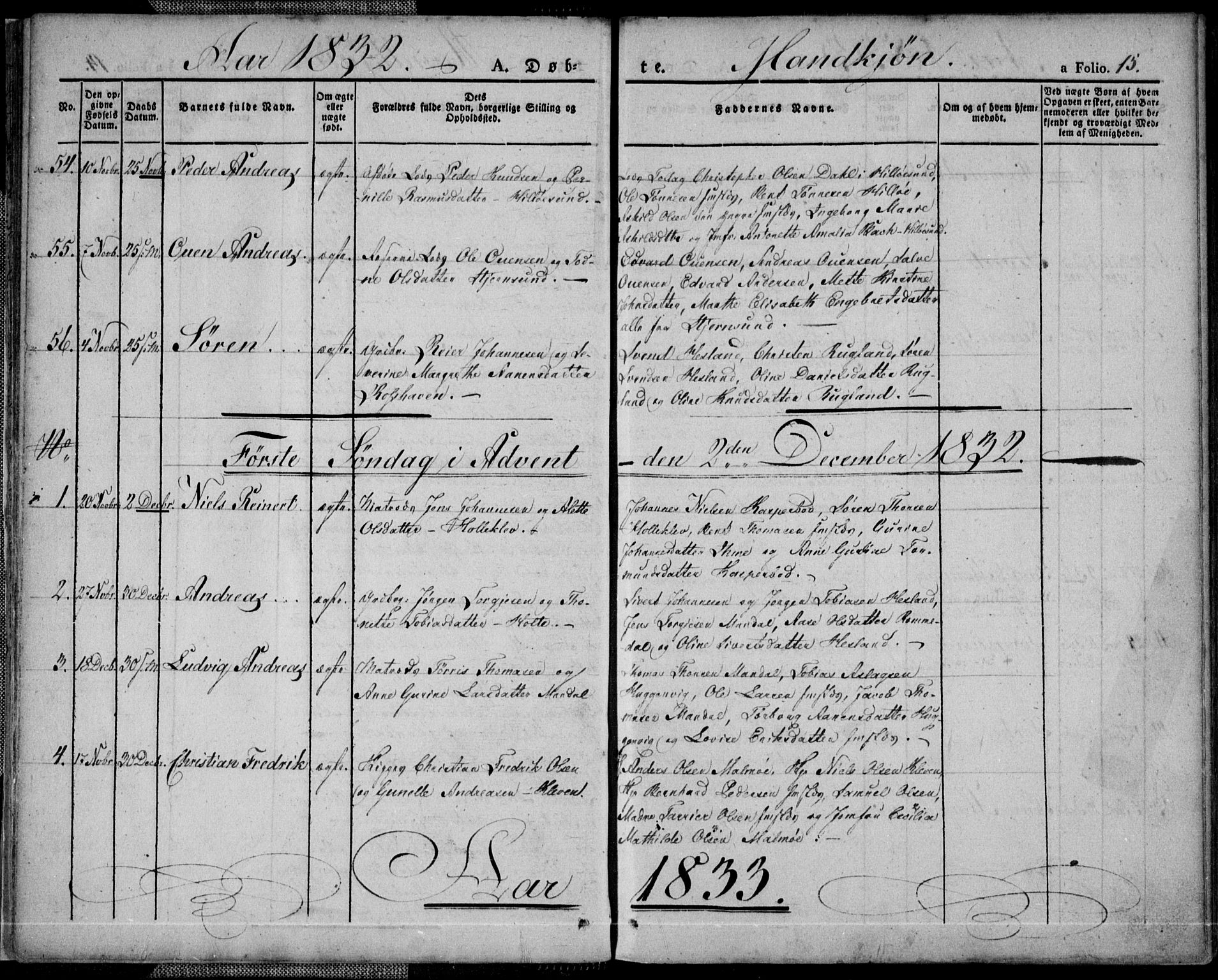 Mandal sokneprestkontor, SAK/1111-0030/F/Fa/Faa/L0011: Parish register (official) no. A 11, 1830-1839, p. 15