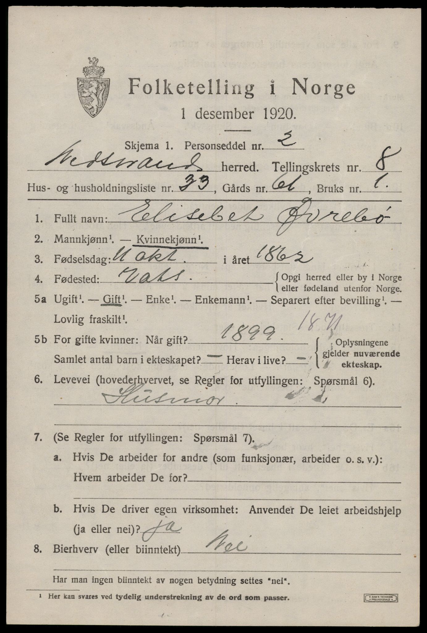 SAST, 1920 census for Nedstrand, 1920, p. 3229