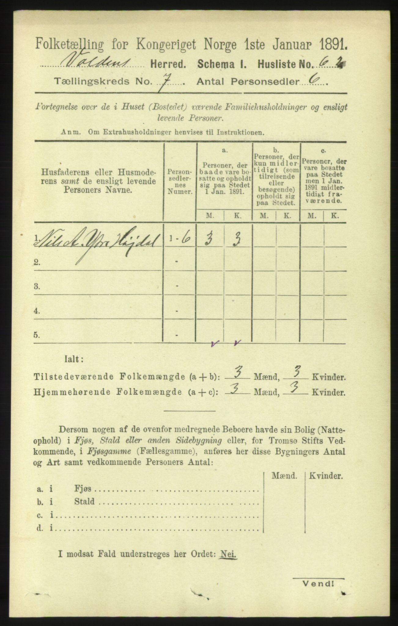 RA, 1891 census for 1519 Volda, 1891, p. 3345