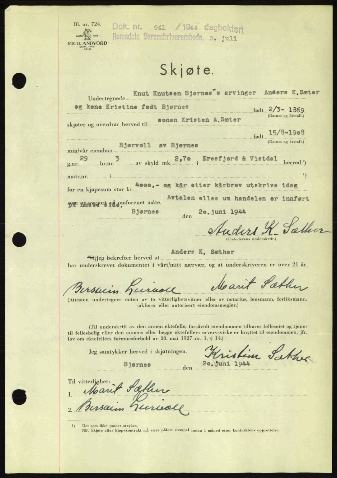 Romsdal sorenskriveri, AV/SAT-A-4149/1/2/2C: Mortgage book no. A16, 1944-1944, Diary no: : 941/1944