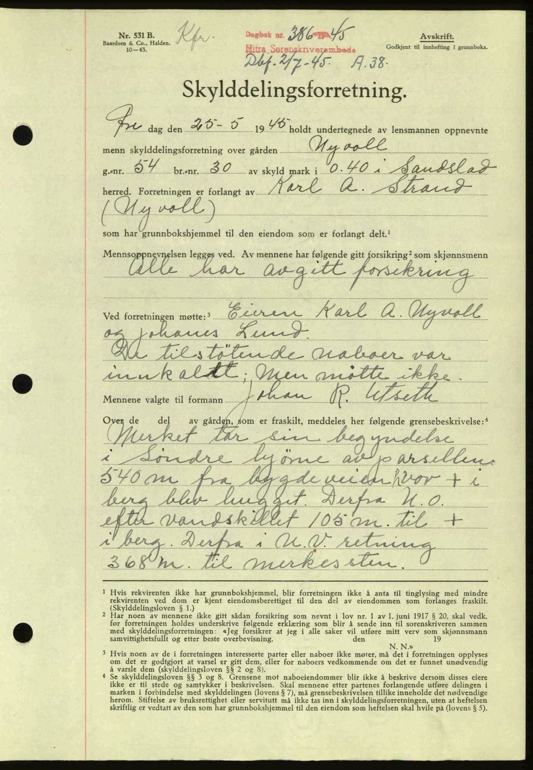 Hitra sorenskriveri, AV/SAT-A-0018/2/2C/2Ca: Mortgage book no. A2, 1943-1945, Diary no: : 386/1945