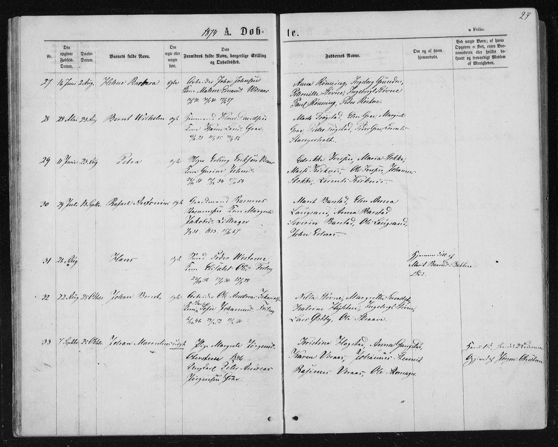 Ministerialprotokoller, klokkerbøker og fødselsregistre - Nord-Trøndelag, AV/SAT-A-1458/722/L0219: Parish register (official) no. 722A06, 1868-1880, p. 27