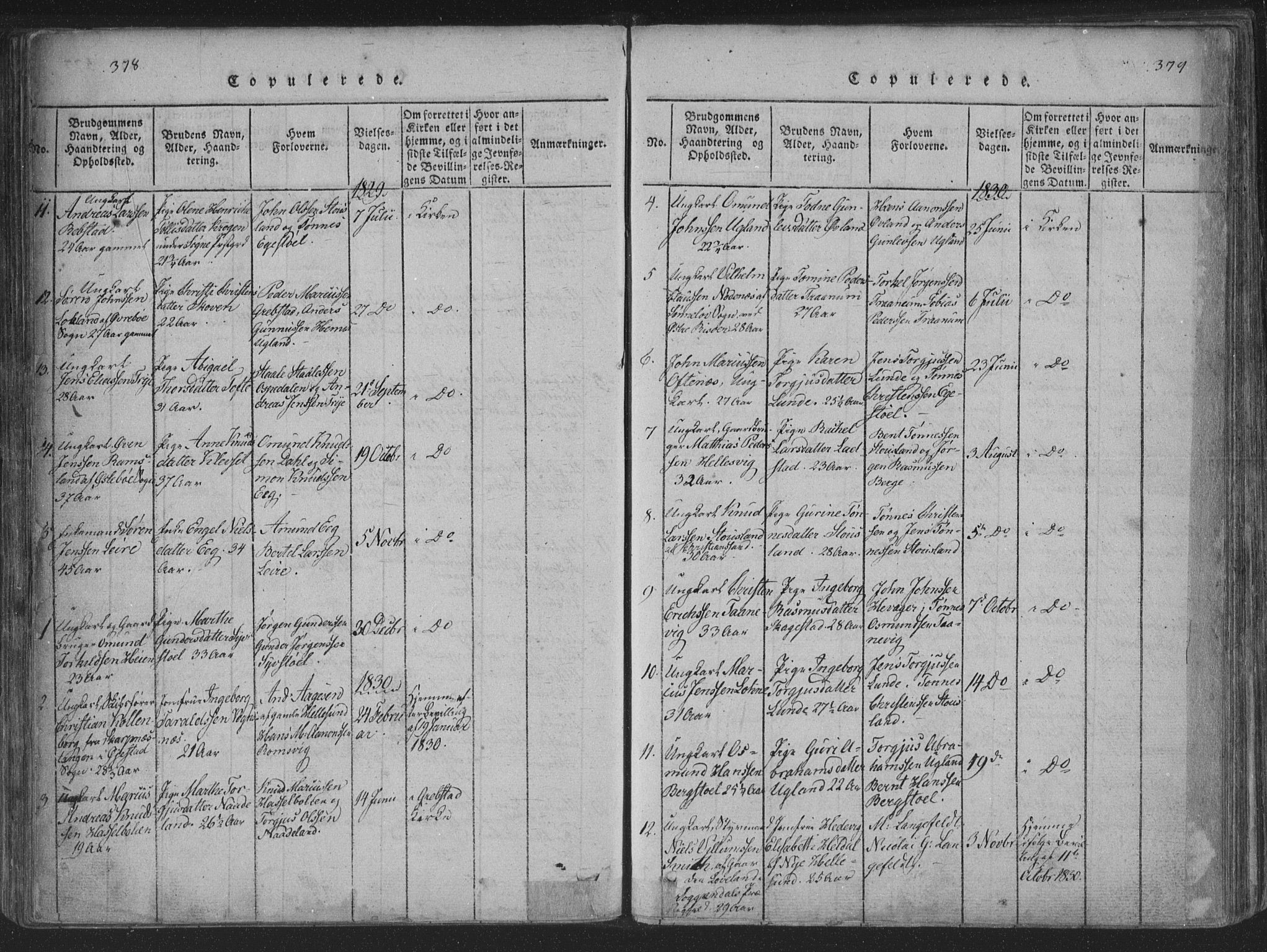 Søgne sokneprestkontor, AV/SAK-1111-0037/F/Fa/Fab/L0008: Parish register (official) no. A 8, 1821-1838, p. 378-379