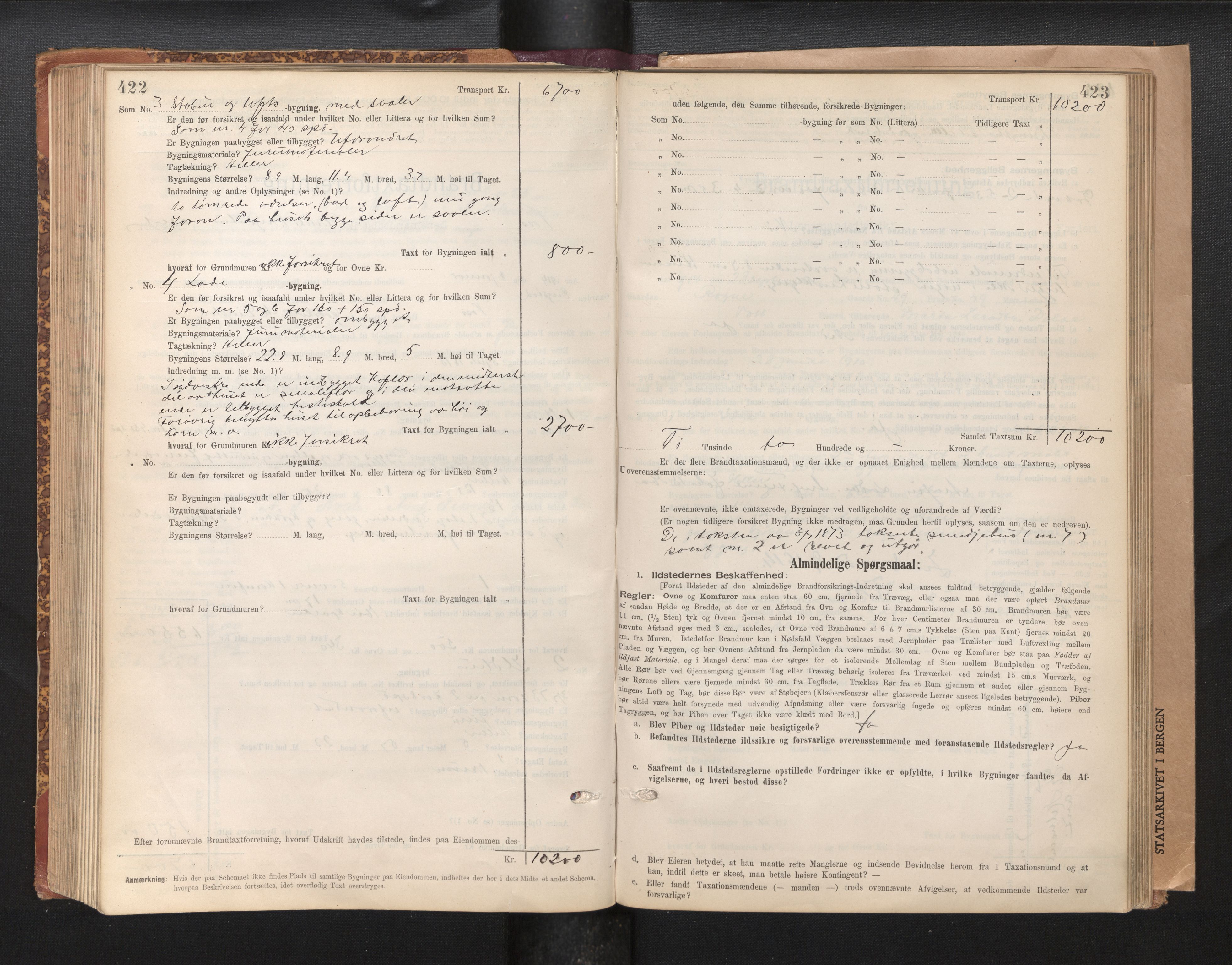 Lensmannen i Voss, AV/SAB-A-35801/0012/L0008: Branntakstprotokoll, skjematakst, 1895-1945, p. 422-423