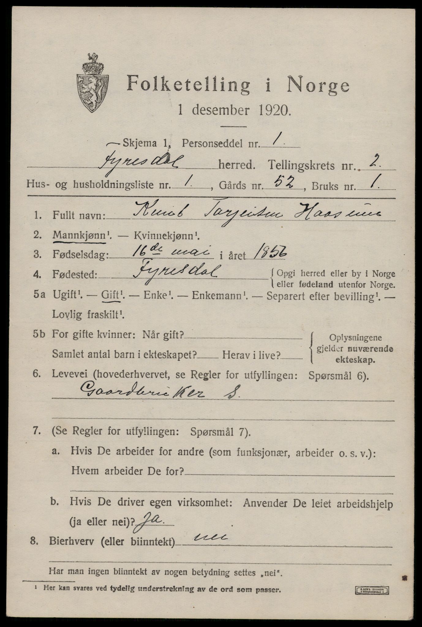 SAKO, 1920 census for Fyresdal, 1920, p. 1313