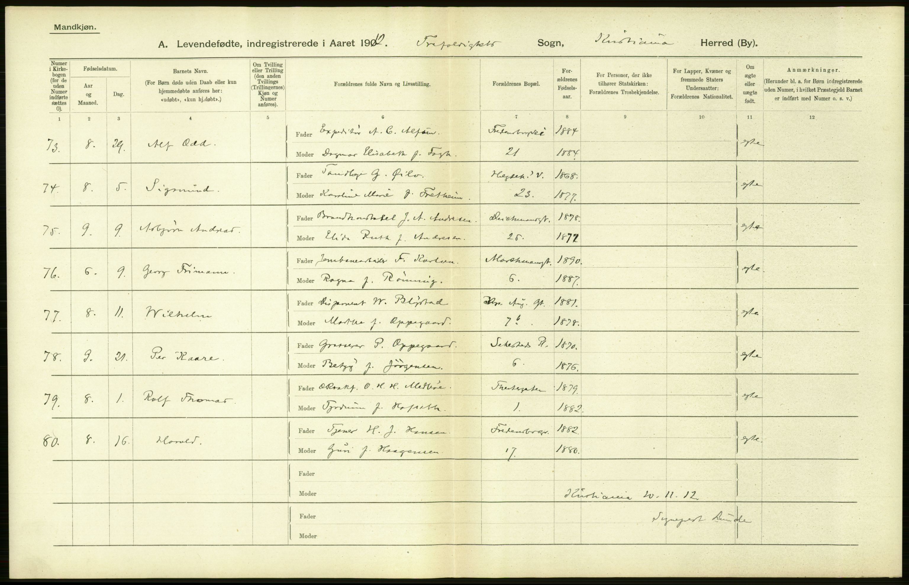 Statistisk sentralbyrå, Sosiodemografiske emner, Befolkning, RA/S-2228/D/Df/Dfb/Dfbb/L0007: Kristiania:  Levendefødte menn og kvinner., 1912, p. 698