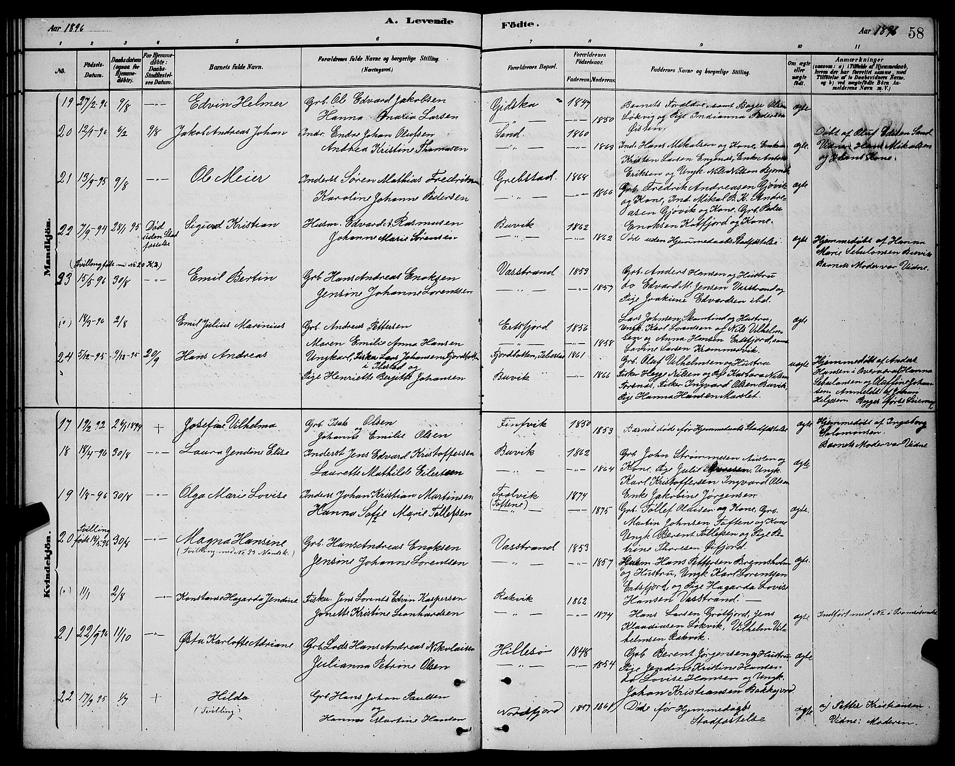 Lenvik sokneprestembete, AV/SATØ-S-1310/H/Ha/Hab/L0021klokker: Parish register (copy) no. 21, 1884-1900, p. 58