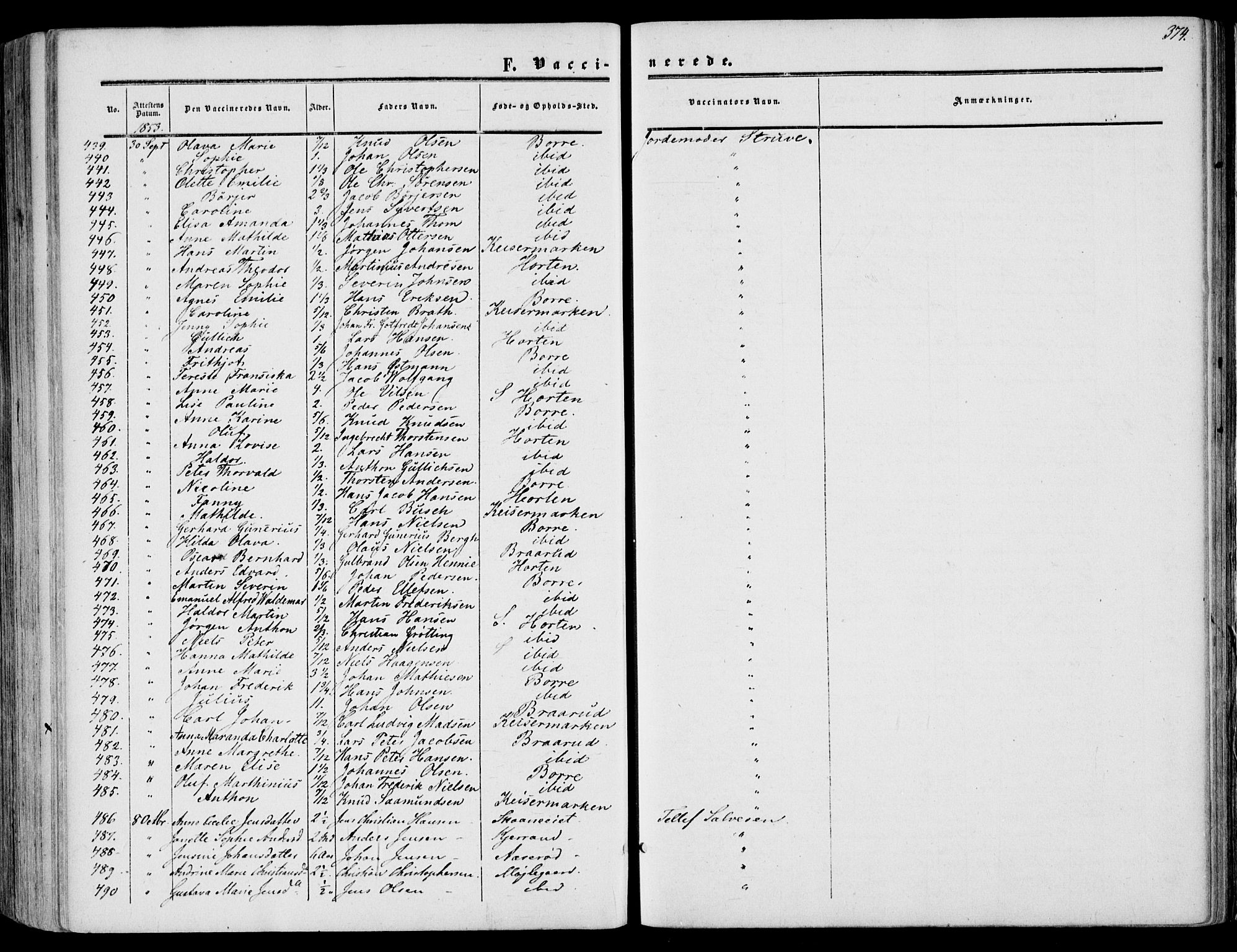 Borre kirkebøker, SAKO/A-338/F/Fa/L0006: Parish register (official) no. I 6, 1852-1862, p. 374