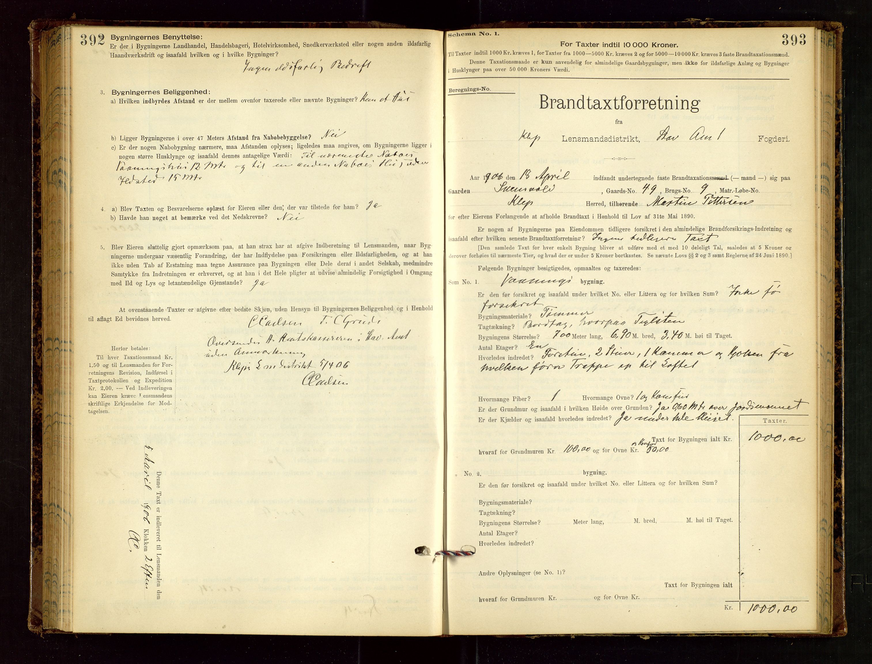 Klepp lensmannskontor, AV/SAST-A-100163/Goc/L0002: "Brandtaxationsprotokol" m/register, 1898-1902, p. 392-393