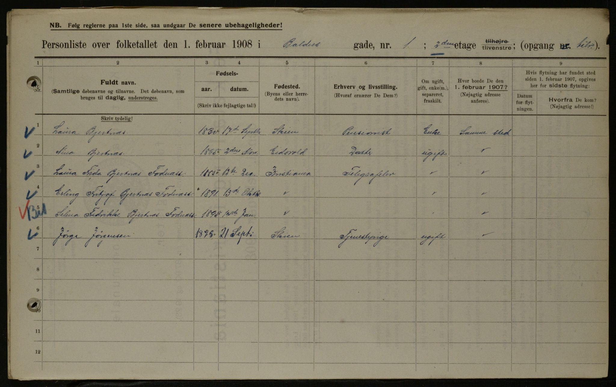 OBA, Municipal Census 1908 for Kristiania, 1908, p. 3072