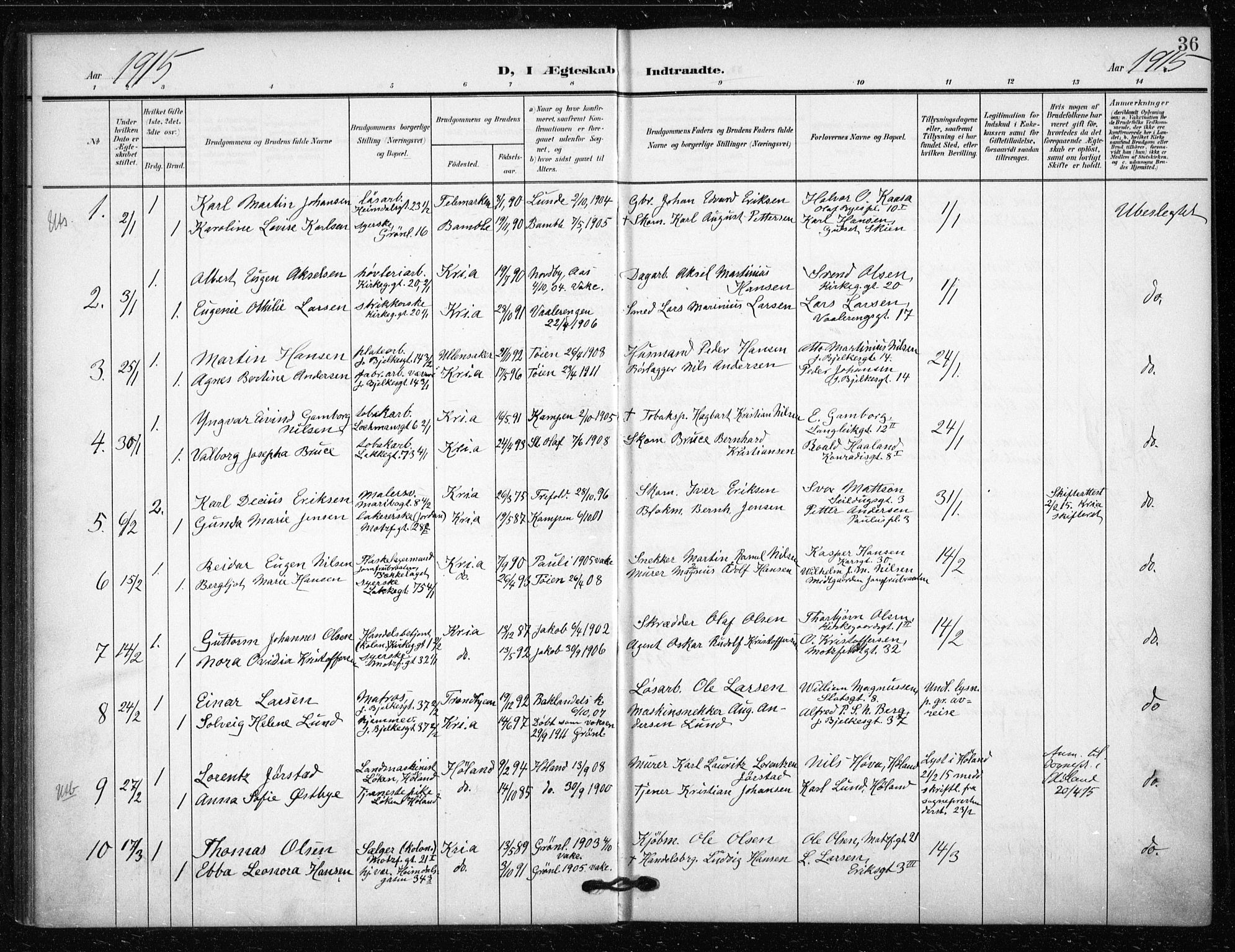 Tøyen prestekontor Kirkebøker, AV/SAO-A-10167a/F/Fa/L0002: Parish register (official) no. I 2, 1907-1916, p. 36