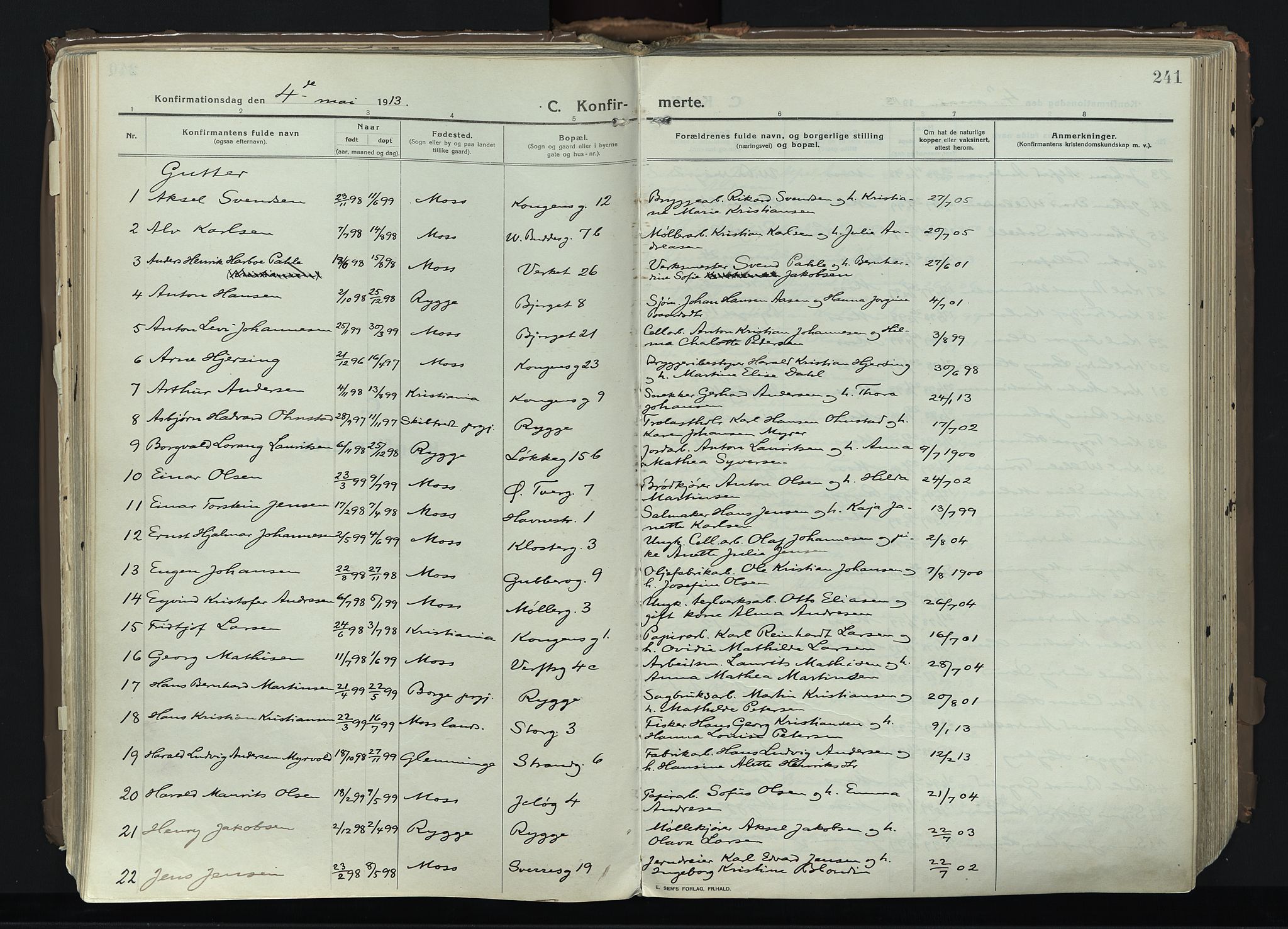 Moss prestekontor Kirkebøker, AV/SAO-A-2003/F/Fb/L0005: Parish register (official) no. II 5, 1913-1923, p. 241