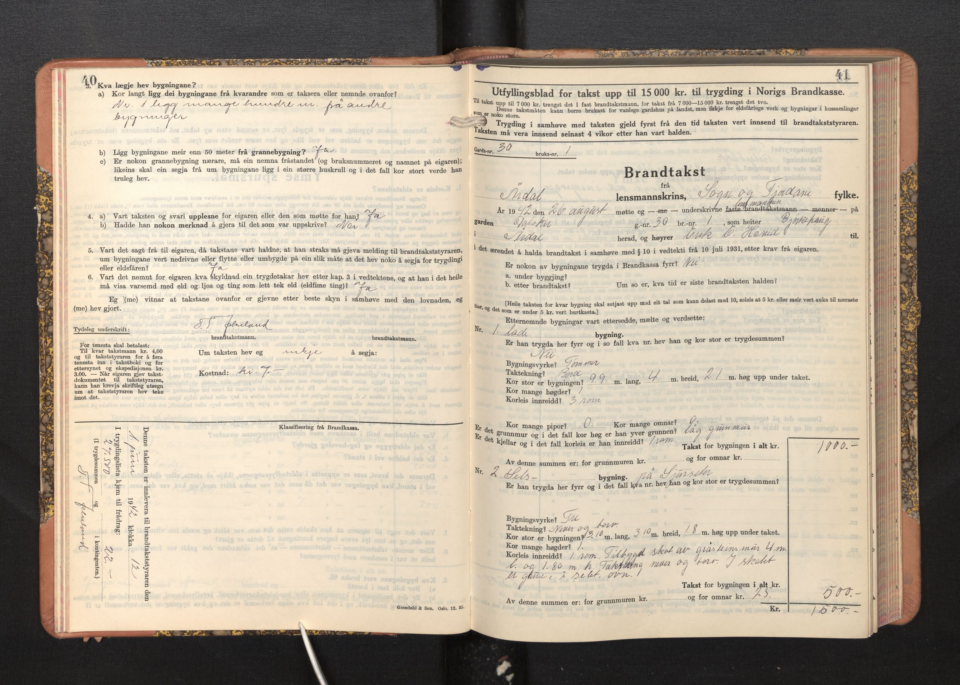 Lensmannen i Årdal, AV/SAB-A-30501/0012/L0011: Branntakstprotokoll, skjematakst, 1939-1948, p. 40-41