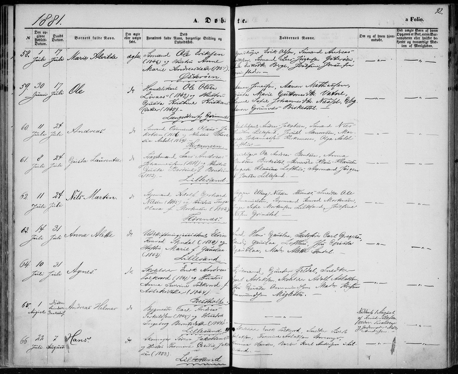 Vestre Moland sokneprestkontor, SAK/1111-0046/F/Fa/Fab/L0008: Parish register (official) no. A 8, 1873-1883, p. 92
