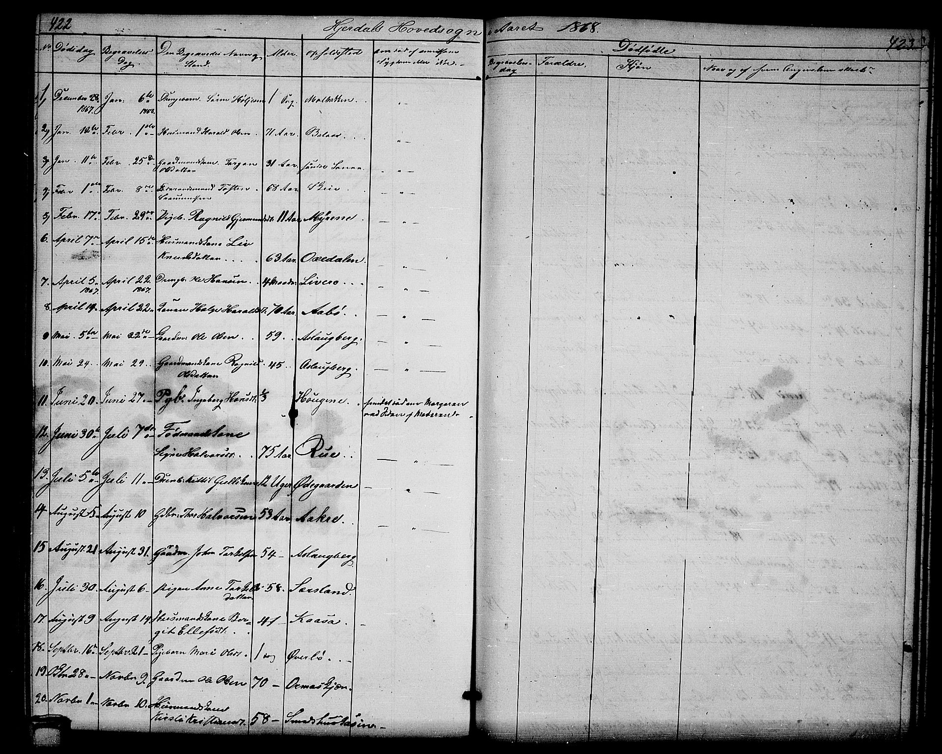 Hjartdal kirkebøker, SAKO/A-270/G/Ga/L0002: Parish register (copy) no. I 2, 1854-1888, p. 422-423