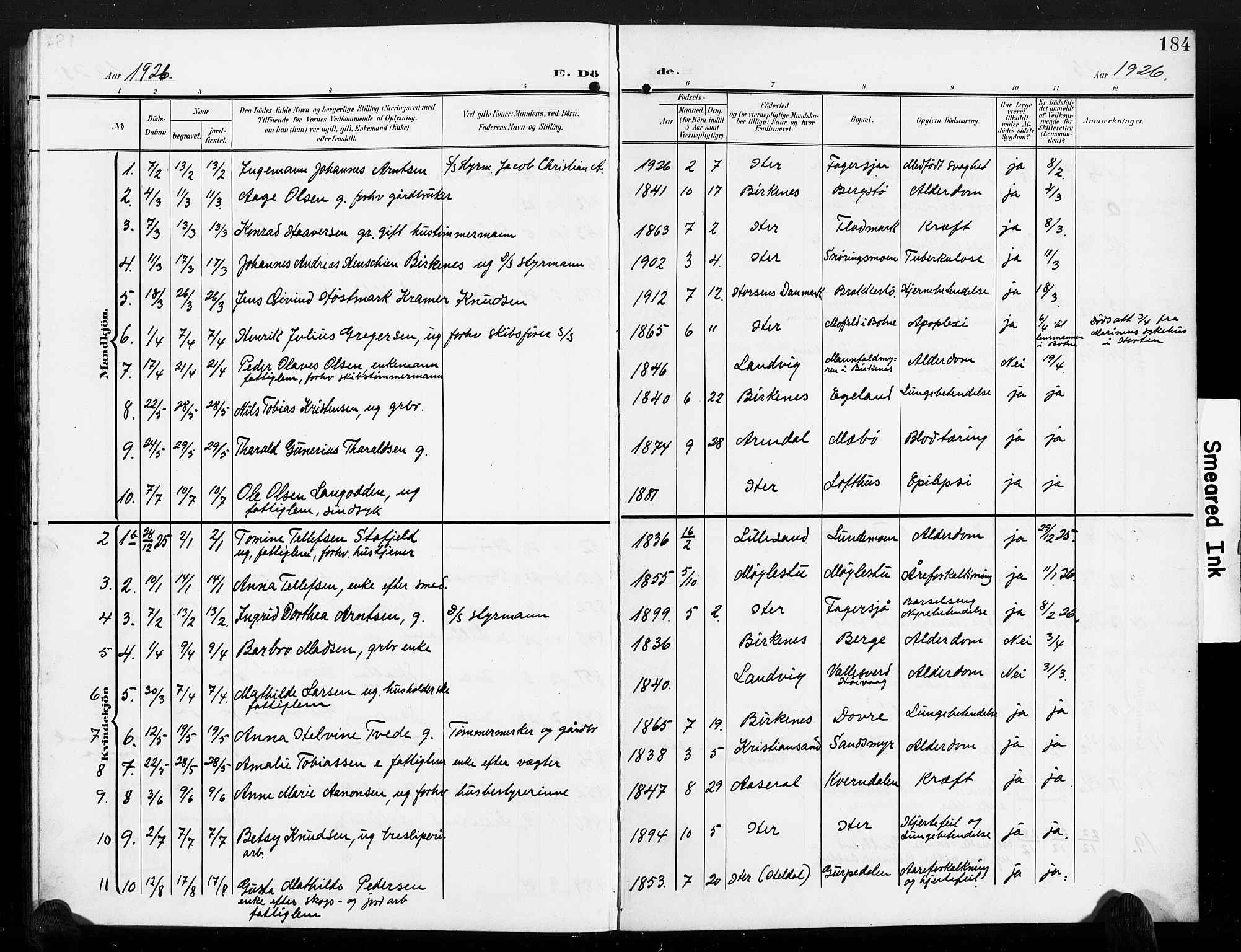 Vestre Moland sokneprestkontor, AV/SAK-1111-0046/F/Fb/Fbb/L0007: Parish register (copy) no. B 7, 1906-1929, p. 184