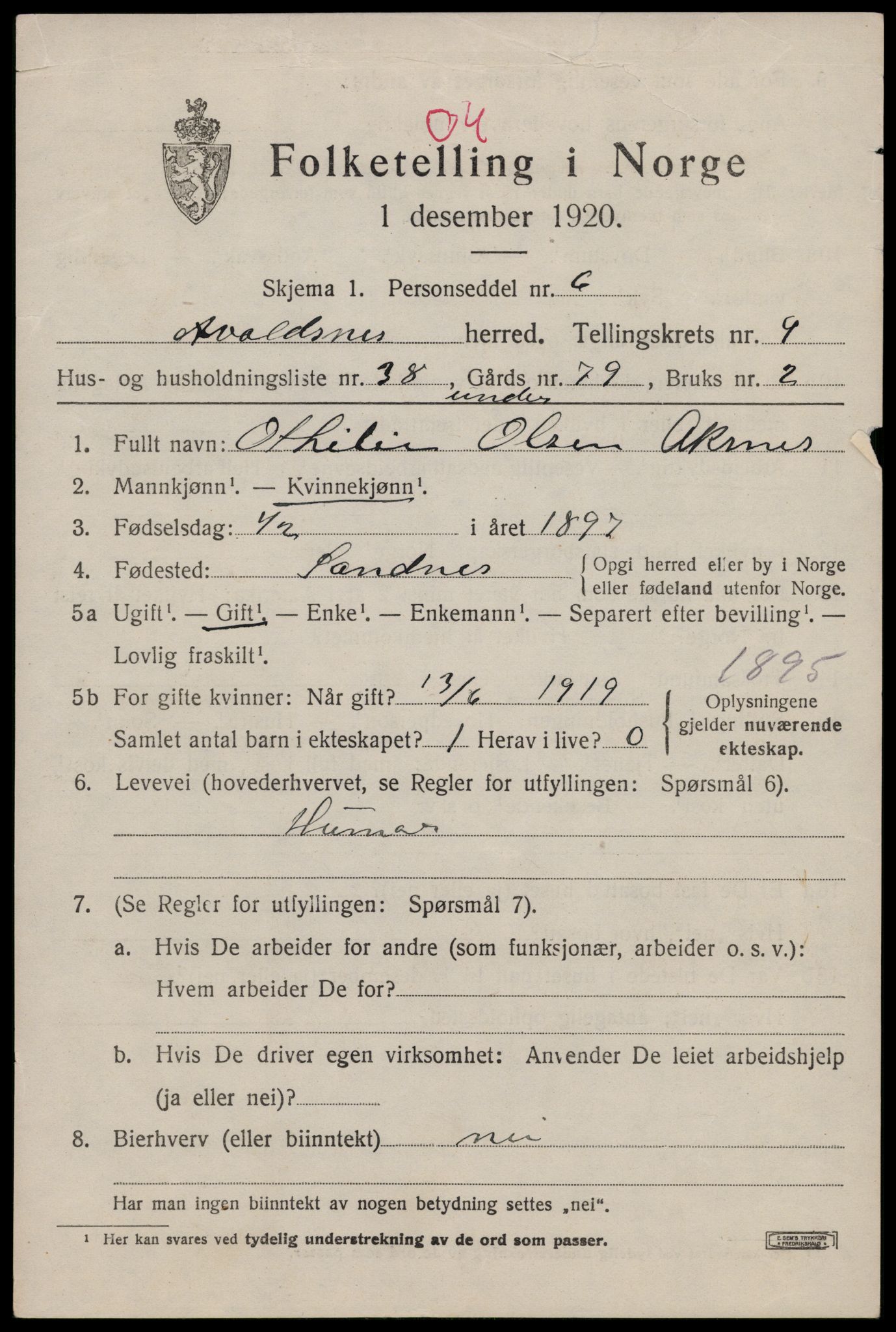 SAST, 1920 census for Avaldsnes, 1920, p. 7343