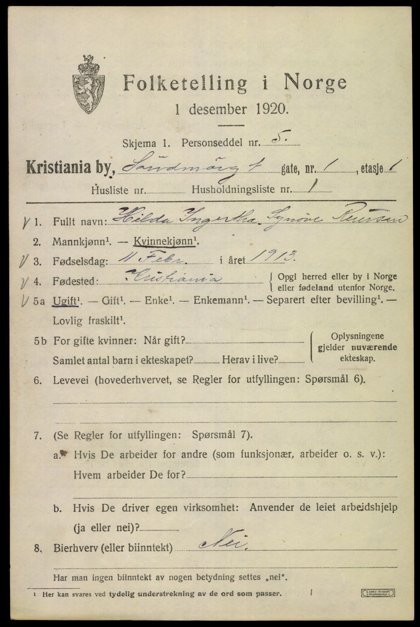 SAO, 1920 census for Kristiania, 1920, p. 561323