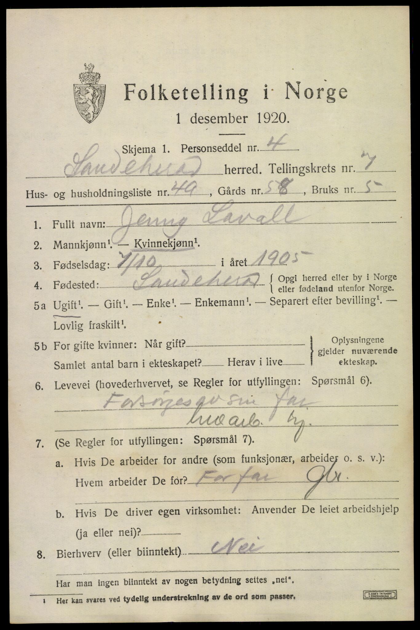 SAKO, 1920 census for Sandeherred, 1920, p. 12494