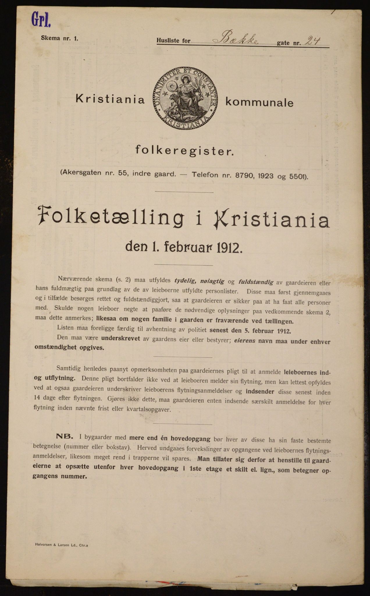 OBA, Municipal Census 1912 for Kristiania, 1912, p. 3459