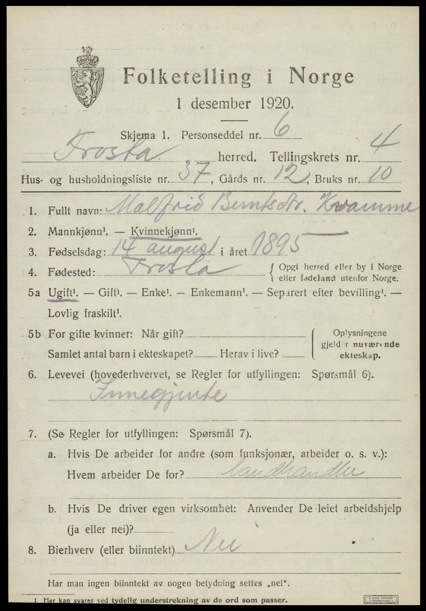 SAT, 1920 census for Frosta, 1920, p. 5162