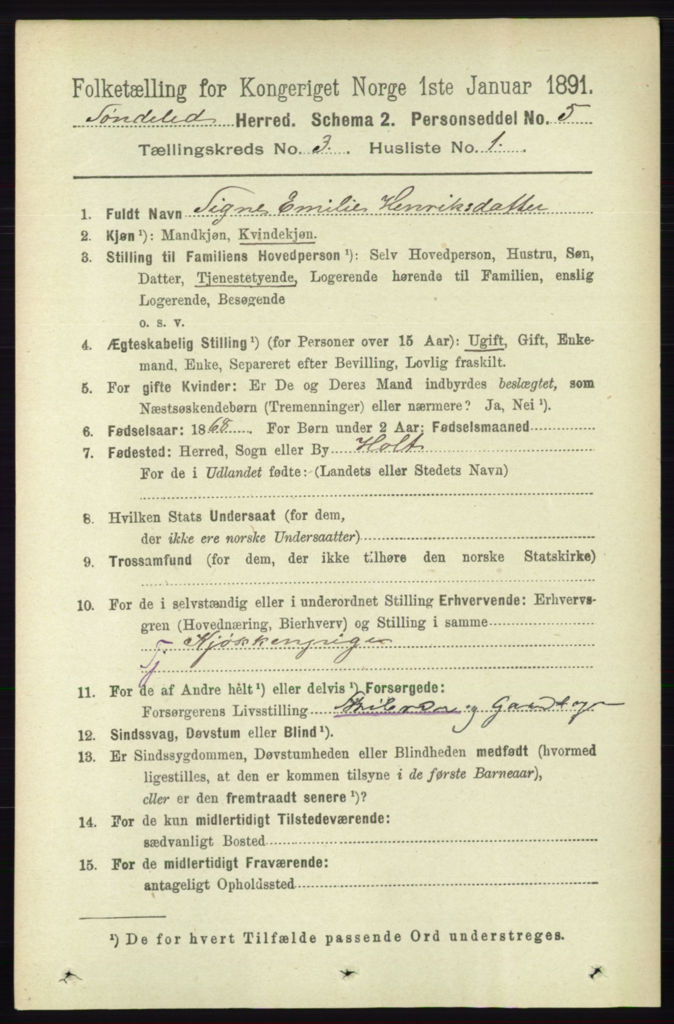 RA, 1891 census for 0913 Søndeled, 1891, p. 605