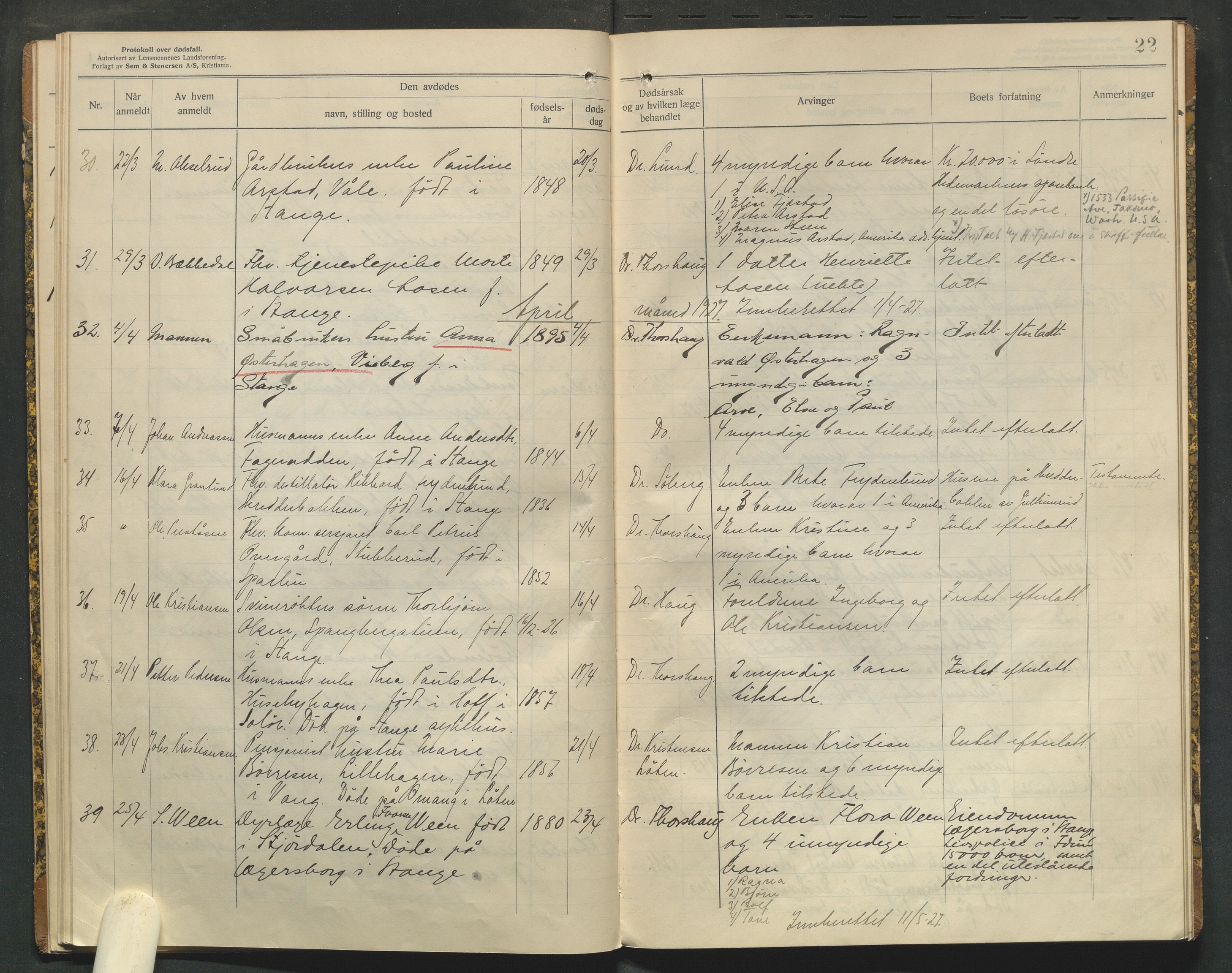 Stange lensmannskontor, AV/SAH-LHS-020/H/Ha/Haa/L0001/0005: Dødsfallsprotokoller / Dødsfallsprotokoll, 1925-1929, p. 22
