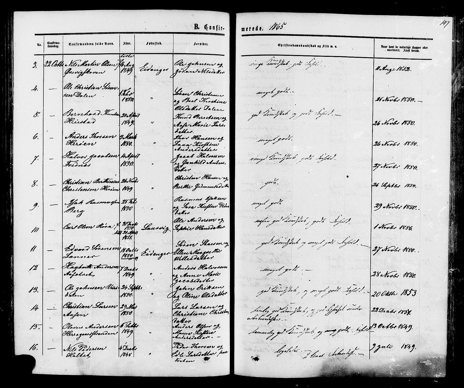 Eidanger kirkebøker, SAKO/A-261/F/Fa/L0010: Parish register (official) no. 10, 1859-1874, p. 147