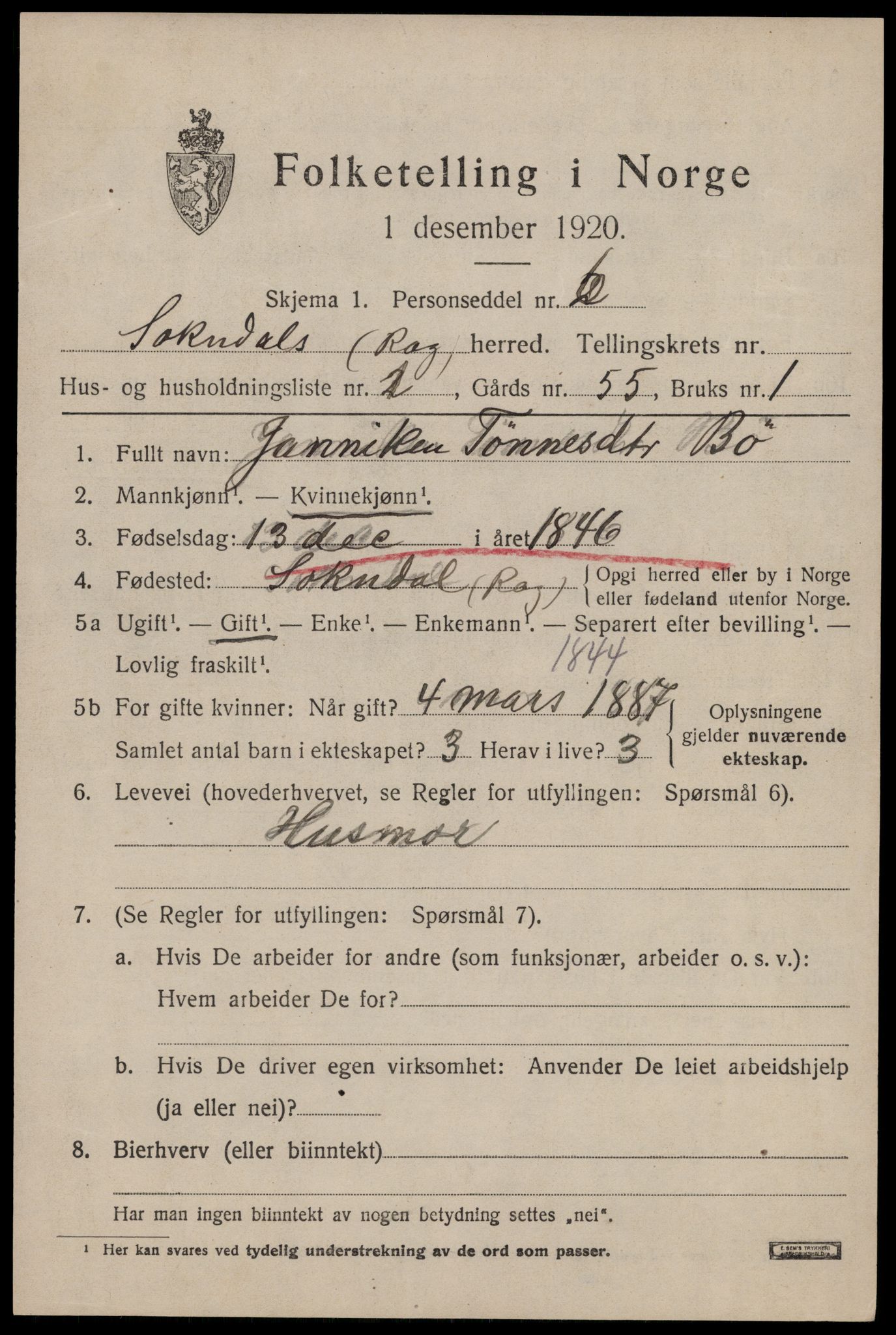 SAST, 1920 census for Sokndal, 1920, p. 4215